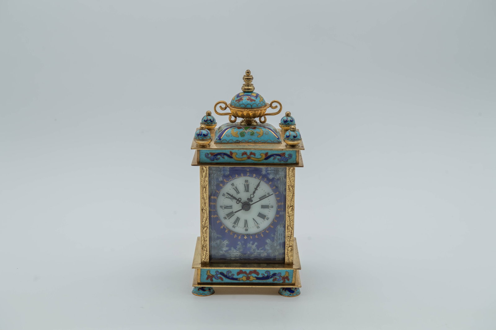 Vintage Chinese Cloisonne Brass Mantel Clock w/Blue Enamel & Gilded Brass Details, Working Condition (1 of 8)