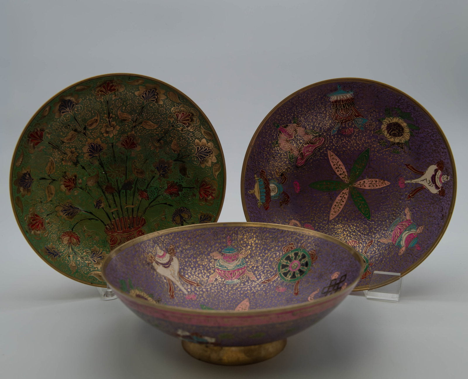 Lot of 3 Various Floral & Symbolic Patterns Decorative Chinese Enamel Heavy Brass Bowls (1 of 8)