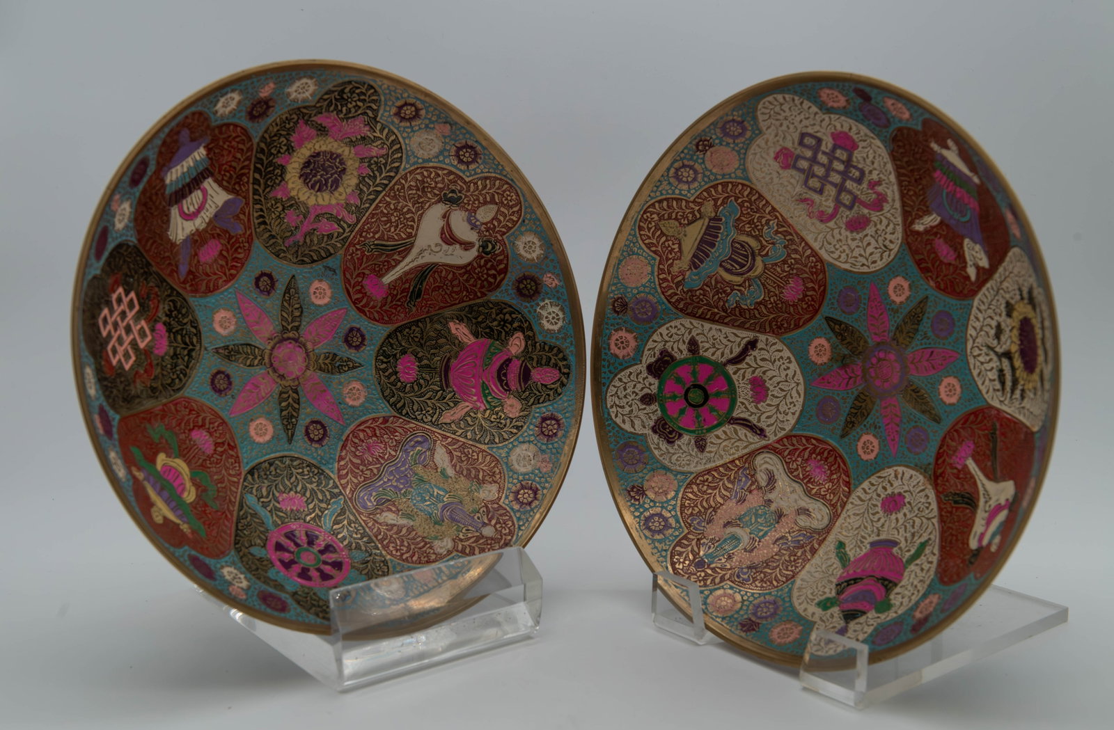 Lot of 2 Large Various Floral & Symbolic Patterns Decorative Chinese Enamel Heavy Brass Bowls (1 of 6)