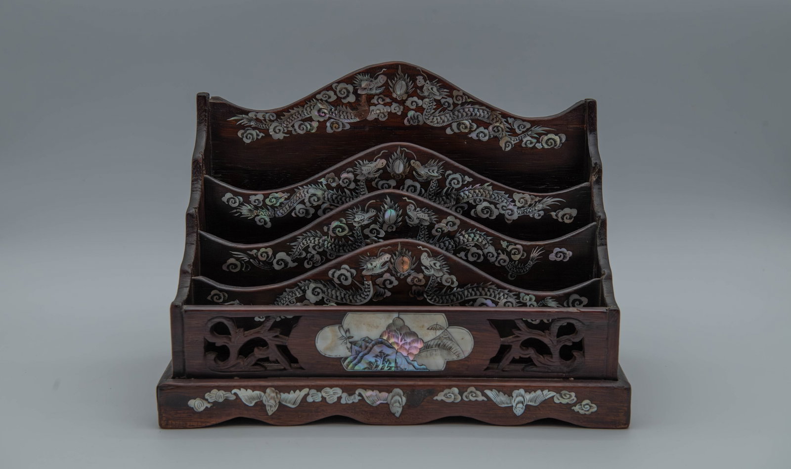 Fine Vintage Asian Four Tiered Wood Letter Rack w/Mother-of-Pearl Inlay: Fine Vintage Asian Four Tiered Wood Letter Rack w/Mother-of-Pearl Inlay. Measures 12"1/4L x 6"1/2W x 9"H; Overall in good condition, with minor wear and age-related patina consistent with age and use.