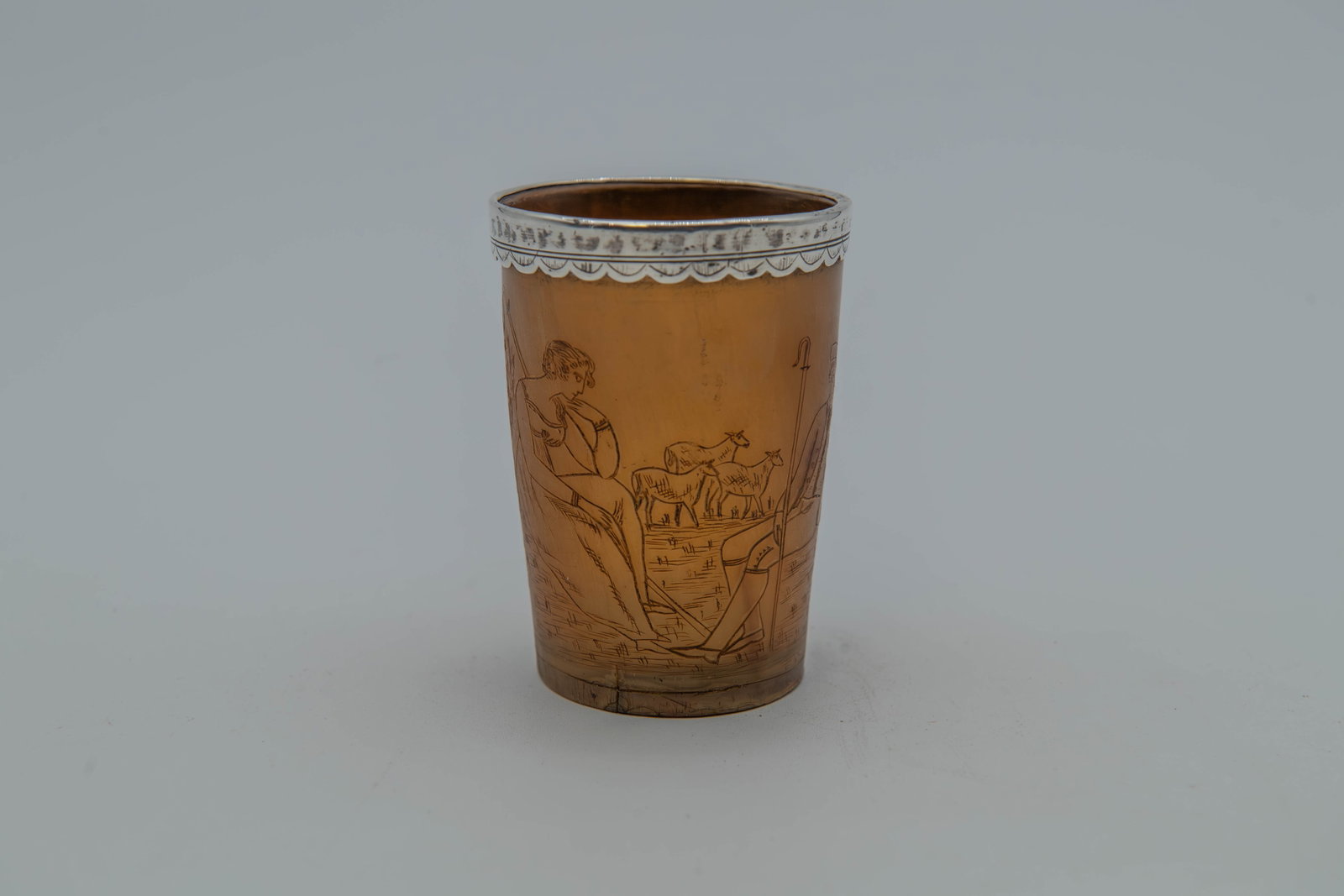 Antique English Georgian Art Horn Beaker Cup w/Silver Rim & Incised Farm Scene, 19th Century (1 of 6)