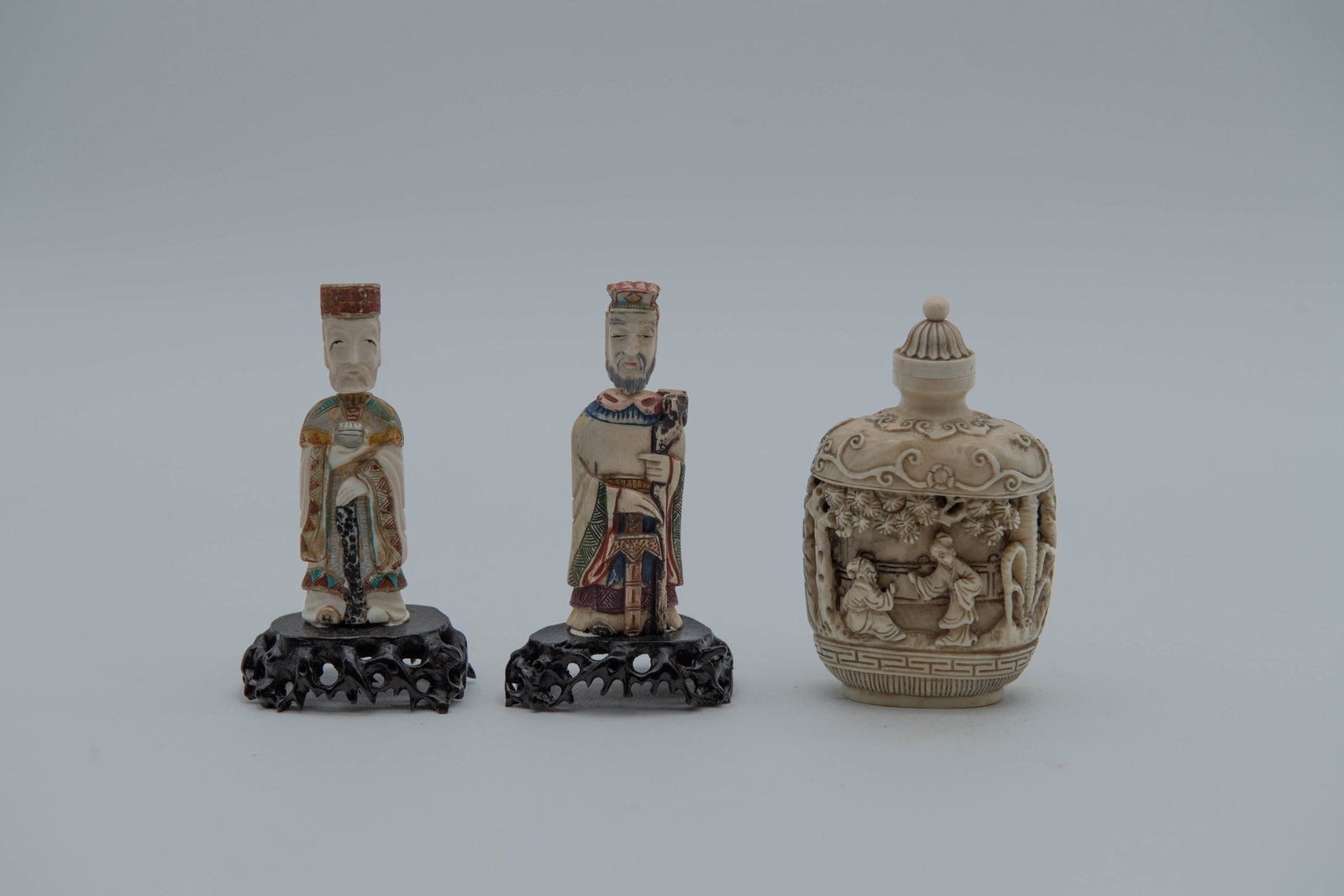 Lot of 3 Vintage Asian Bone Hand-Carved Figural Snuff Bottles (1 of 9)
