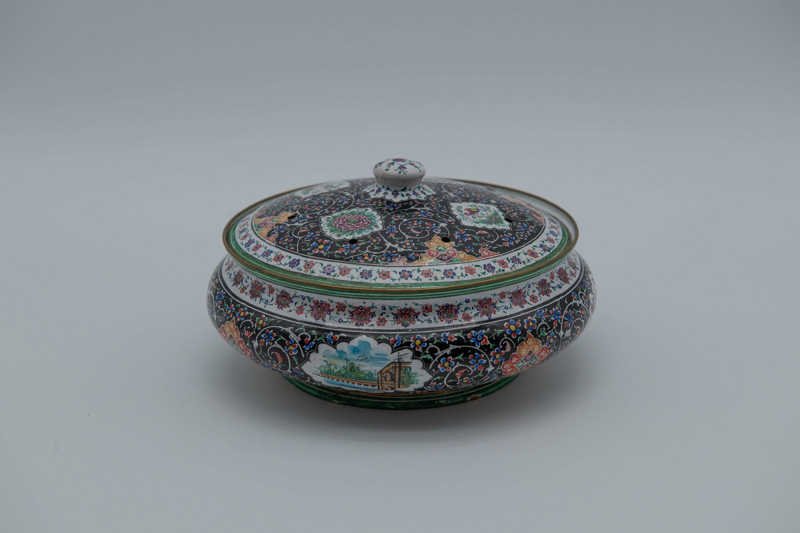 Vintage Elegant Persian Inspired & Hand-Painted Enamel Tureen: Vintage Elegant Persian Inspired & Hand-Painted Enamel Tureen. Condition is good overall with age related wear. There is a small enamel loss to the rim. Measures 4"H x 6"3/4W, (Stand not Included)
