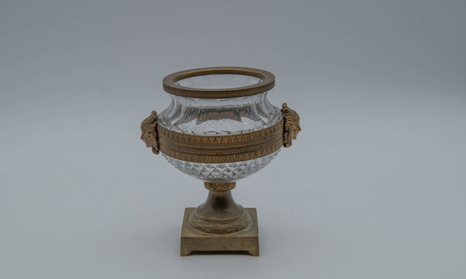 Vintage French Gilt Bronze & Crystal Centerpiece w/Figural Mask Embellishments: Vintage French Gilt Bronze & Crystal Centerpiece w/Figural Mask Embellishments. Measures 6"3/4H x 6"W; Overall in good condition