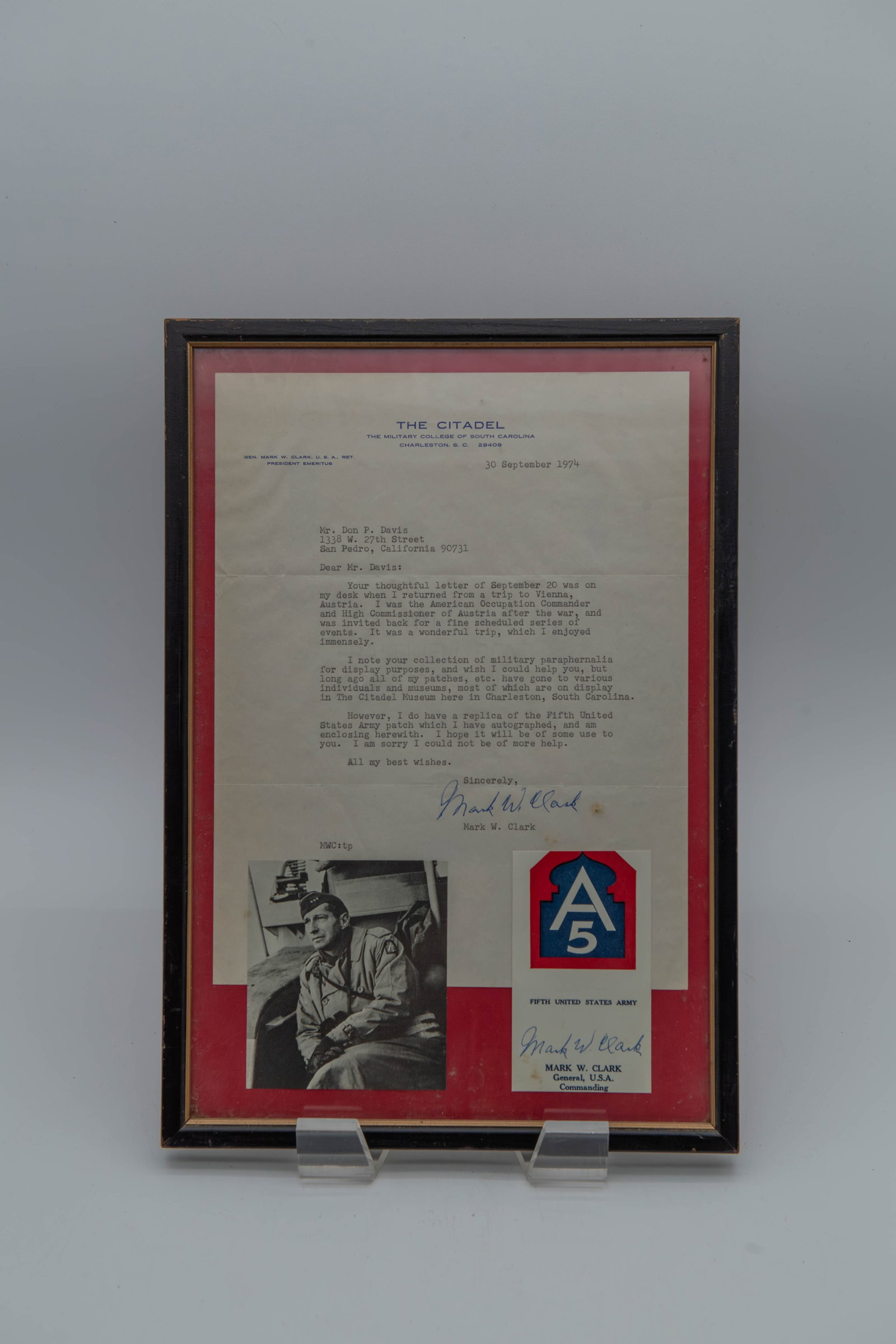 Framed Memorabilia Set w/Signed Letter from Mark W. Clark (Amerian Occupation Commander & High (1 of 6)