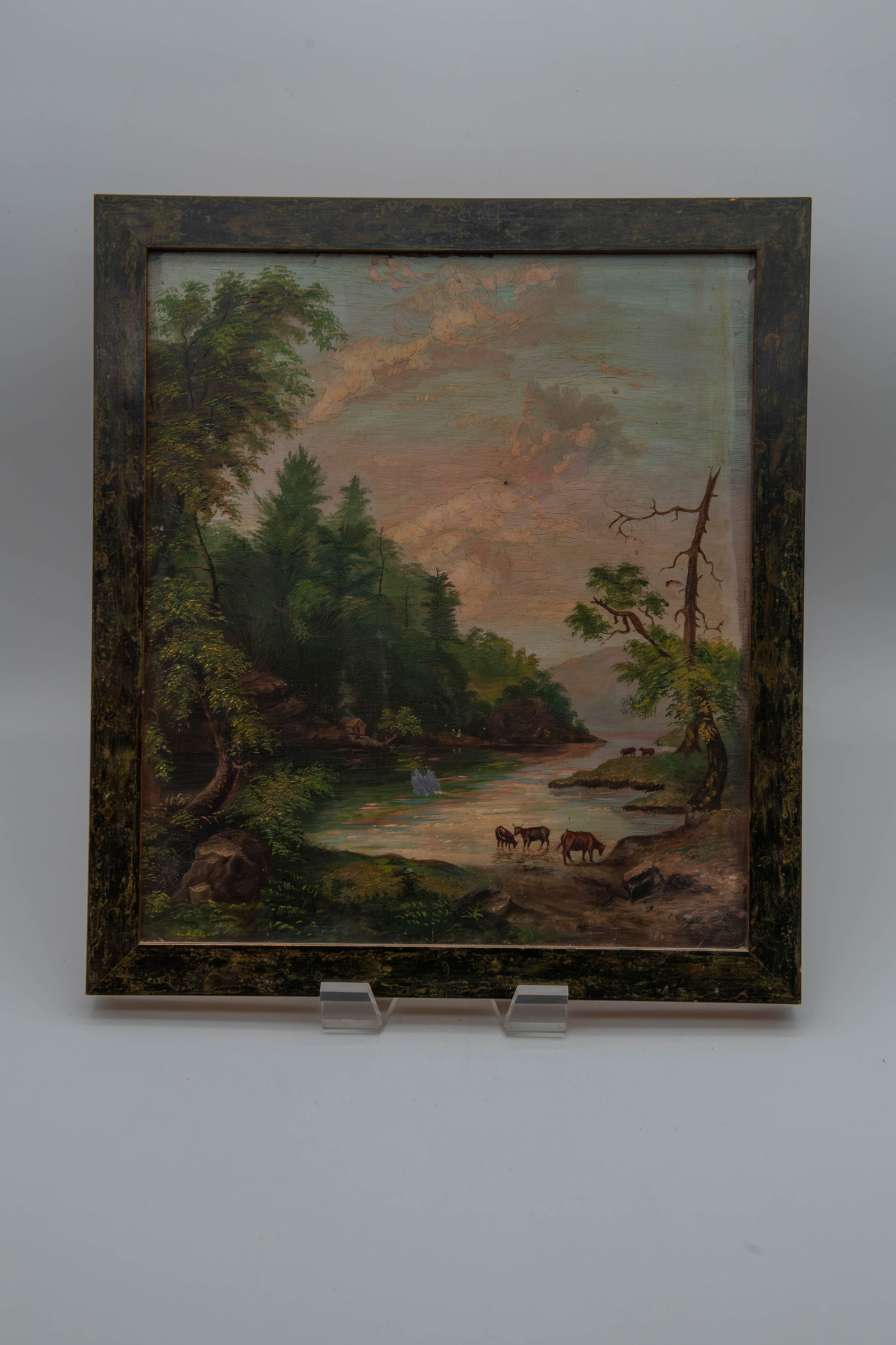 Vintage Wooden Framed & Signed Antique-Style Painting w/Pastoral Landscape Scene: Vintage Wooden Framed & Signed Antique-Style Painting w/Pastoral Landscape Scene. It looks like the European romantic styles. Size 16"W x 18"H; Overall in good condition, (Stand not Included)