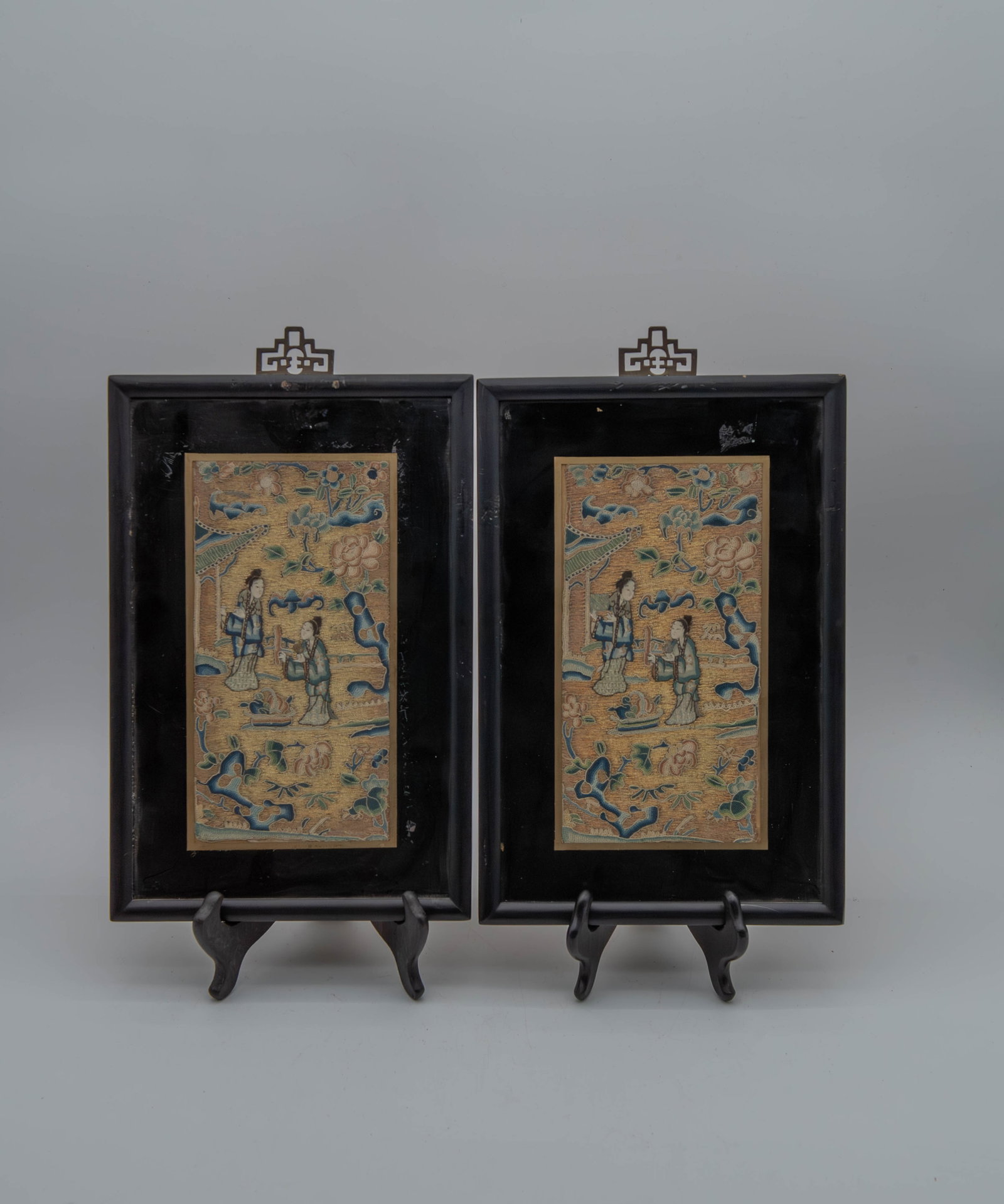 Pair of Framed Exquisite Chinese Gold Stead Silk Embroidered Figures Panels: Pair of Framed Exquisite Chinese Gold Stead Silk Embroidered Figures Panels. Frame size 8"1/2 x 12"3/4; Very good condition, (Stand not Included)