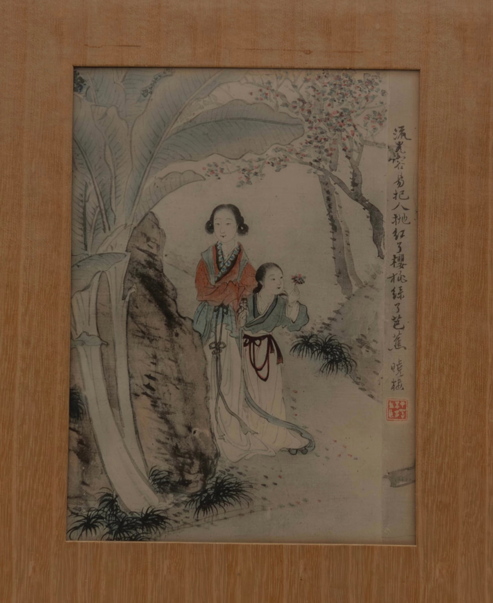 19th C. Framed Chinese Fine Watercolor Painting w/Signed 費曉樓(費丹&#: Framed Chinese Fine Watercolor Painting w/Red Artist Seal Mark; "Fei Hsiao Lou"(費丹旭，費曉樓). The artwork depicts two young ladies figures in a landscape o