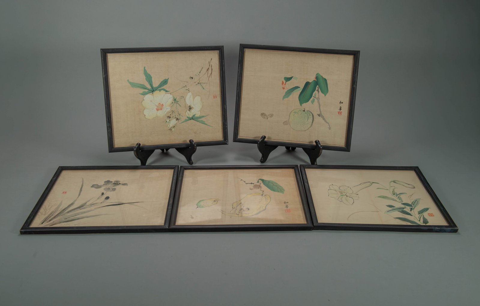 Lot of 5 Framed Japanese Hand-painted Watercolor Artwork w/Artist's Seal Mark "__"(Taki Katei? (1 of 8)