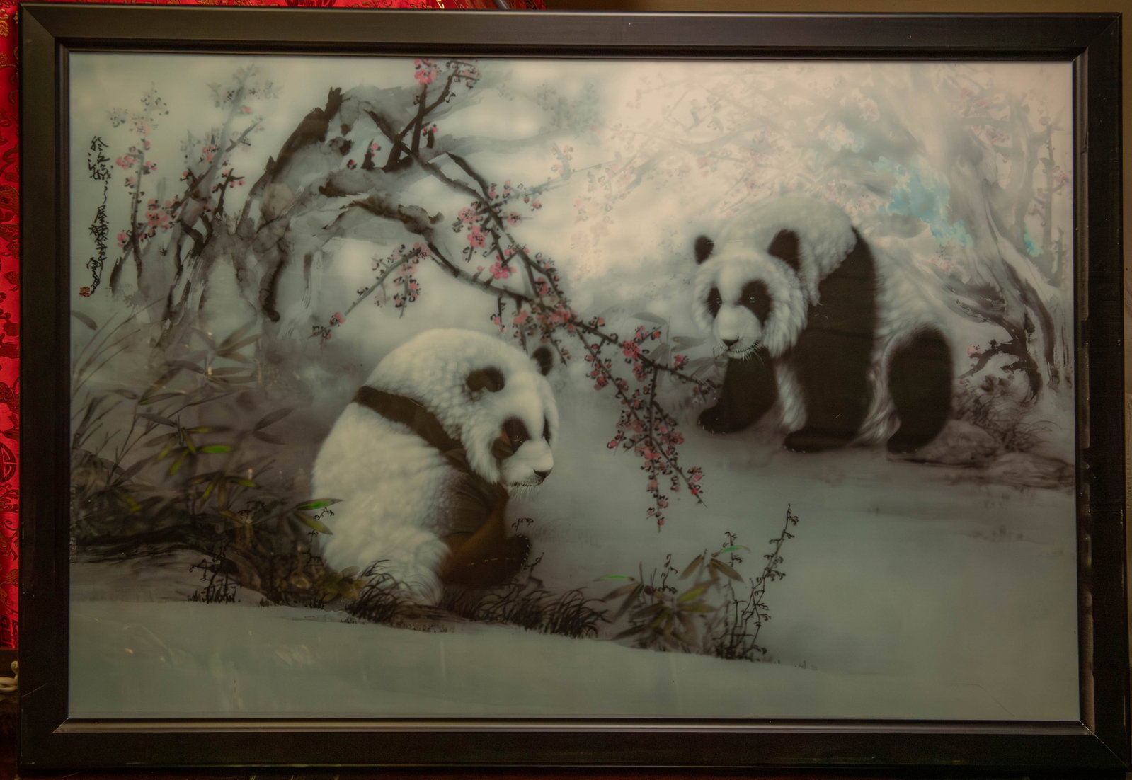 Decorative Wall-Mounted Light Box w/Chinese Ink Wash Print of Artist 義雲高 (Dorje: Decorative Wall-Mounted Light Box Incorporating A Chinese Ink Watercolor/Ink Wash Print of of Artist 義雲高 (Dorje Chang). This painting print depicts mother and baby pandas in a lan