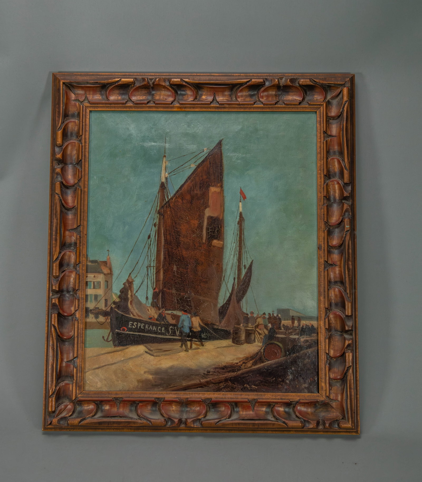 Framed Old Harbor Scene Oil Painting, Dated 1900: Framed Old Harbor Scene Oil Painting, Dated 1900. Frame size 19" x 22". No visible artist's signature found. , appear in the lower right corner of the canvas, though their significance cannot be confi