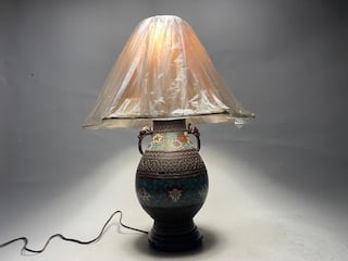 Antique Asian Bronze Cloisonne Enamel Vase Lamp: Antique Asian Bronze Cloisonne Vase Lamp. The vase displays floral pattern with dragons handles. Total tall 13", Overall in good condition.