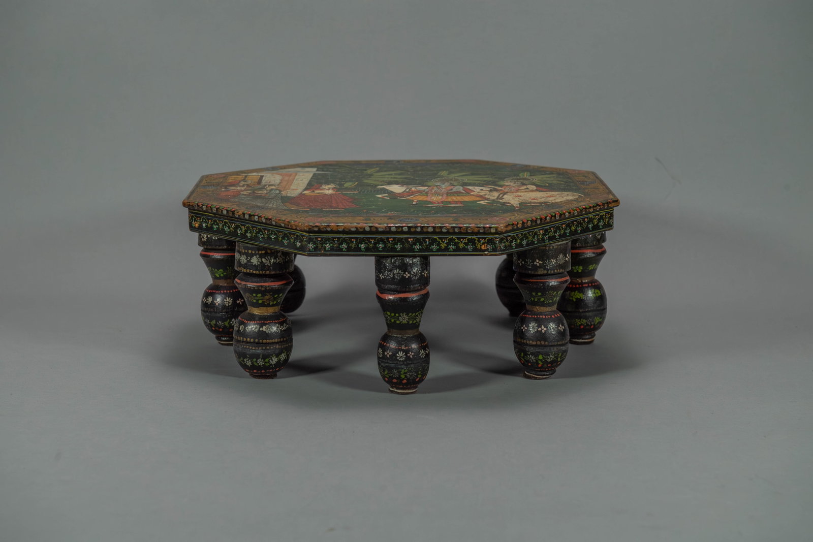 Vintage Indian Hand-Painted Footed Wooden Octagonal Table (1 of 6)