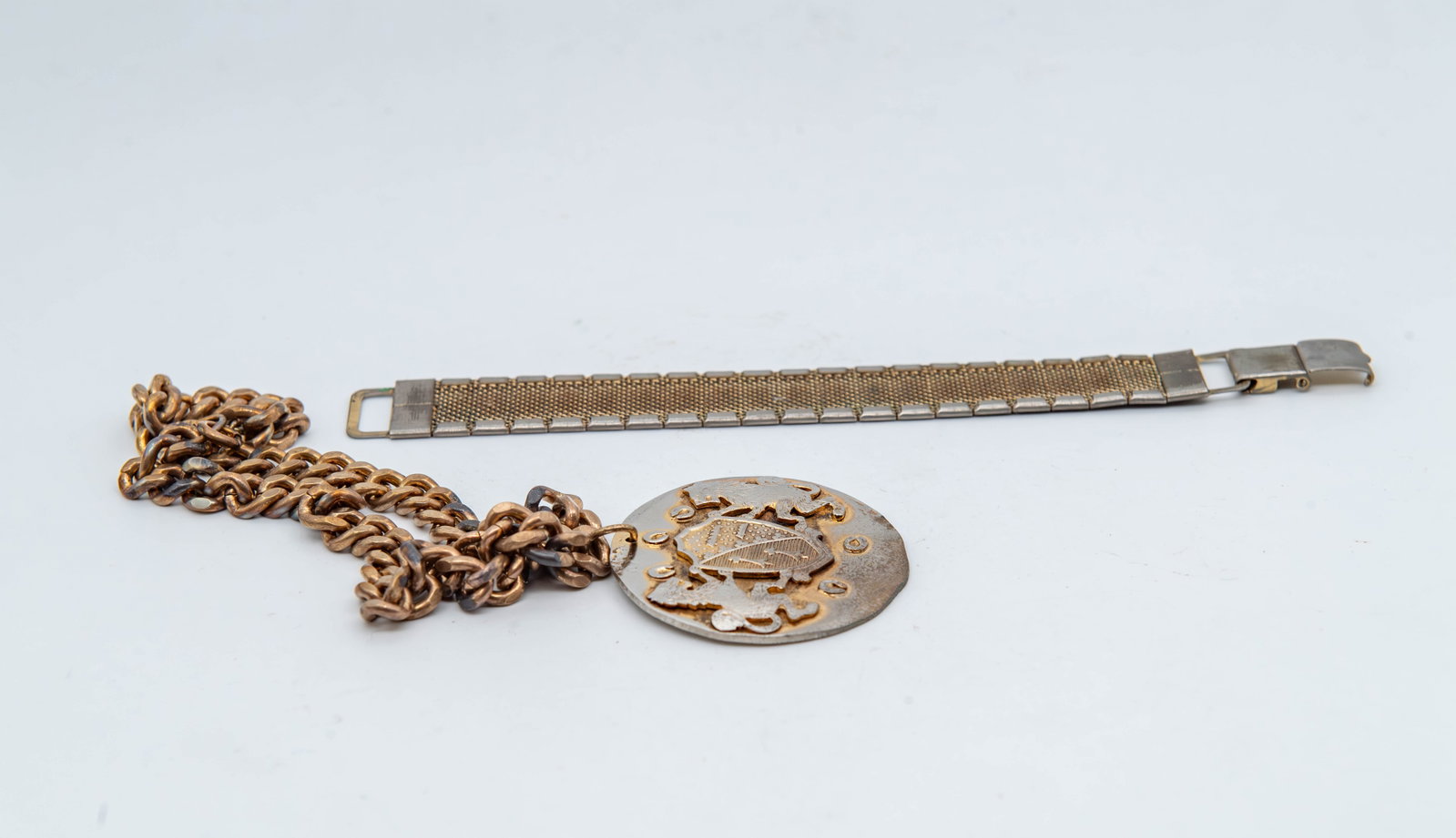 Lot of 2 Vintage Silver-Tone Panel Bracelet & Heavy Brass Medallion Necklace (1 of 6)
