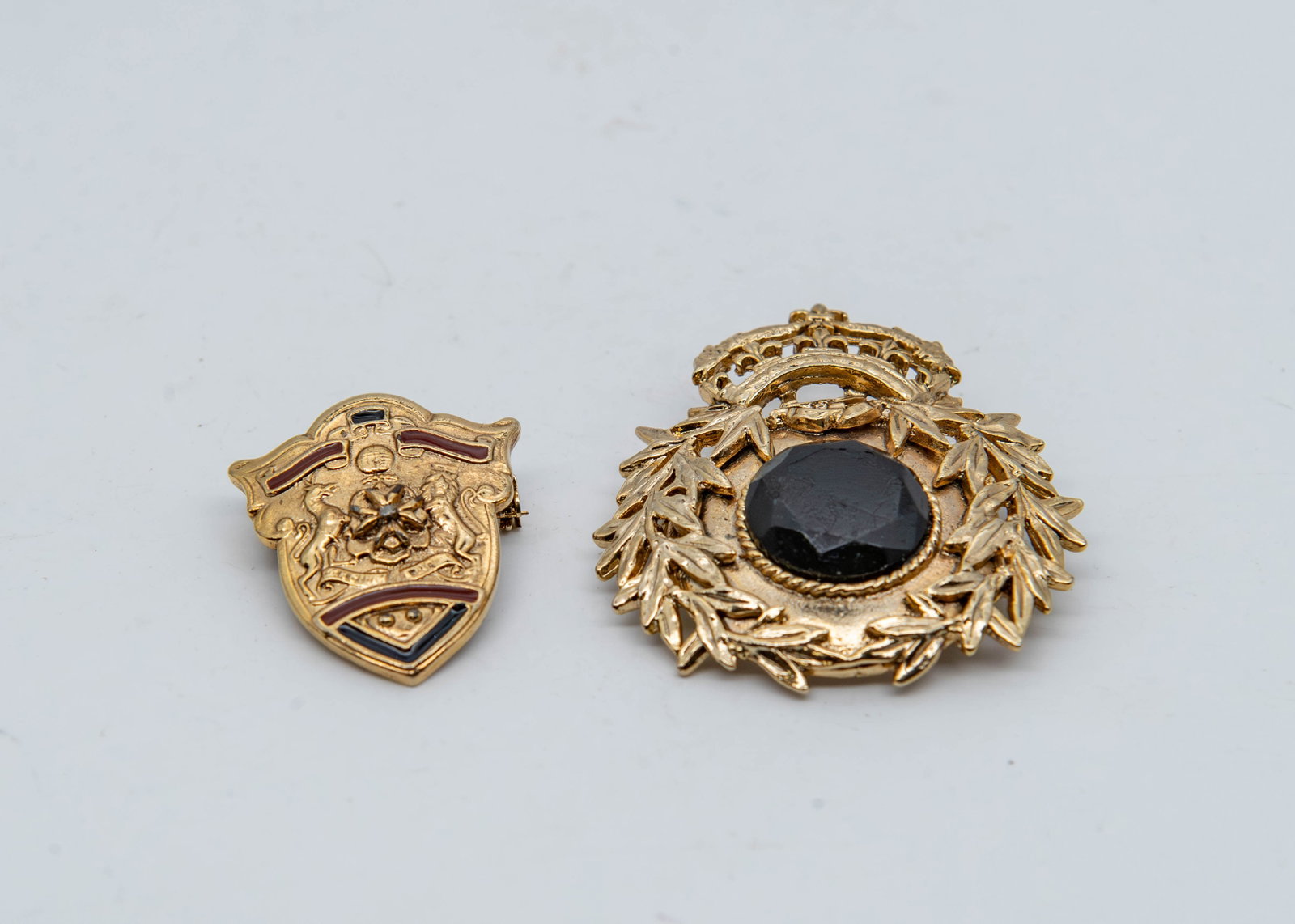 Lot of 2 Vintage Gold-Tone Victorian Revival Pins/Brooches: Lot of 2 Vintage Gold-Tone Victorian Revival Pins/Brooches. Measures 1"1/2 x 1"1/8 and 2" x 2"; In good vintage condition, (Stand Not Included)