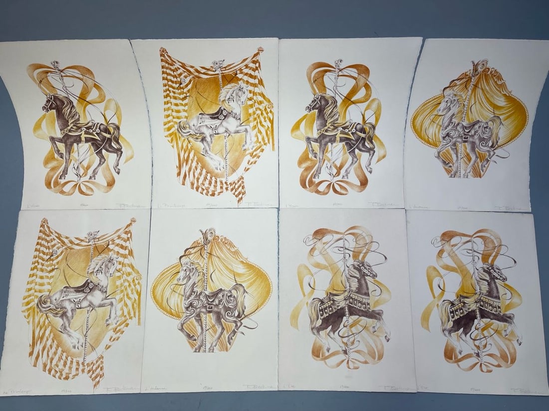 Group of 8 Pieces Signed & Numbered Limited Edition Carouse Horse Etching Print: Group of 8 Pieces Signed & Numbered Limited Edition Carouse Horse Etching Print. 11"1/2 x 15". In good condition