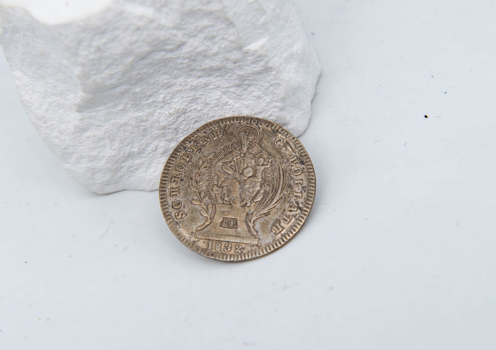 Marked "1832 Schrobenh C: Pollath" Antique Metal Stamping Commemorative Medal or Badge: Marked "1832 Schrobenh C: Pollath" Antique Metal Stamping High-Quality Commemorative Medal or Badge. Diameter 1"1/8; In good antique condition, with minor wear consistent with age.