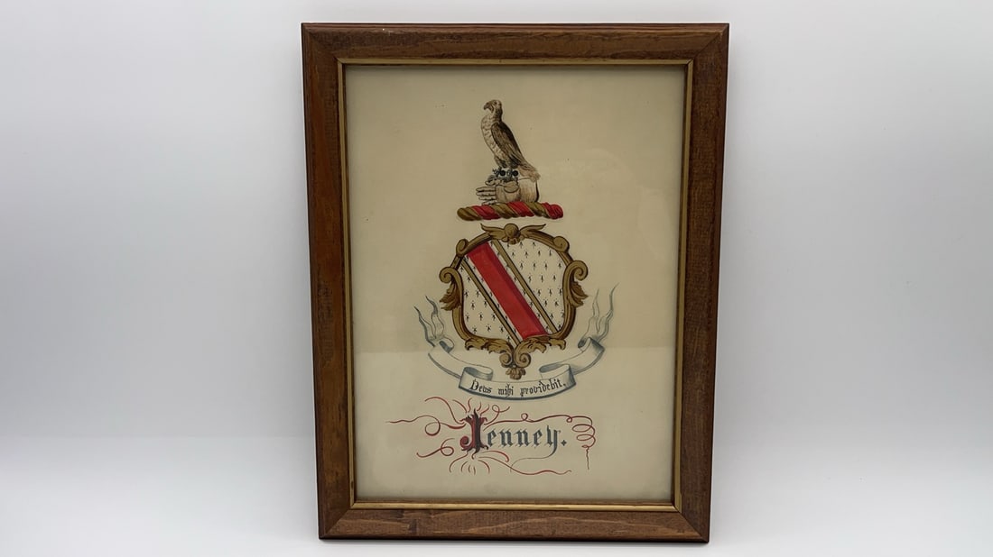 Vintage Framed Handpainted Jenney Family Crest Print w/the Motto "Deus mini providebit": Vintage Framed Handpainted Jenney Family Crest w/the Motto "Deus mini providebit". Frame size 10"1/2 x 13"1/2. In good vintage condition, (Stand Not Included)