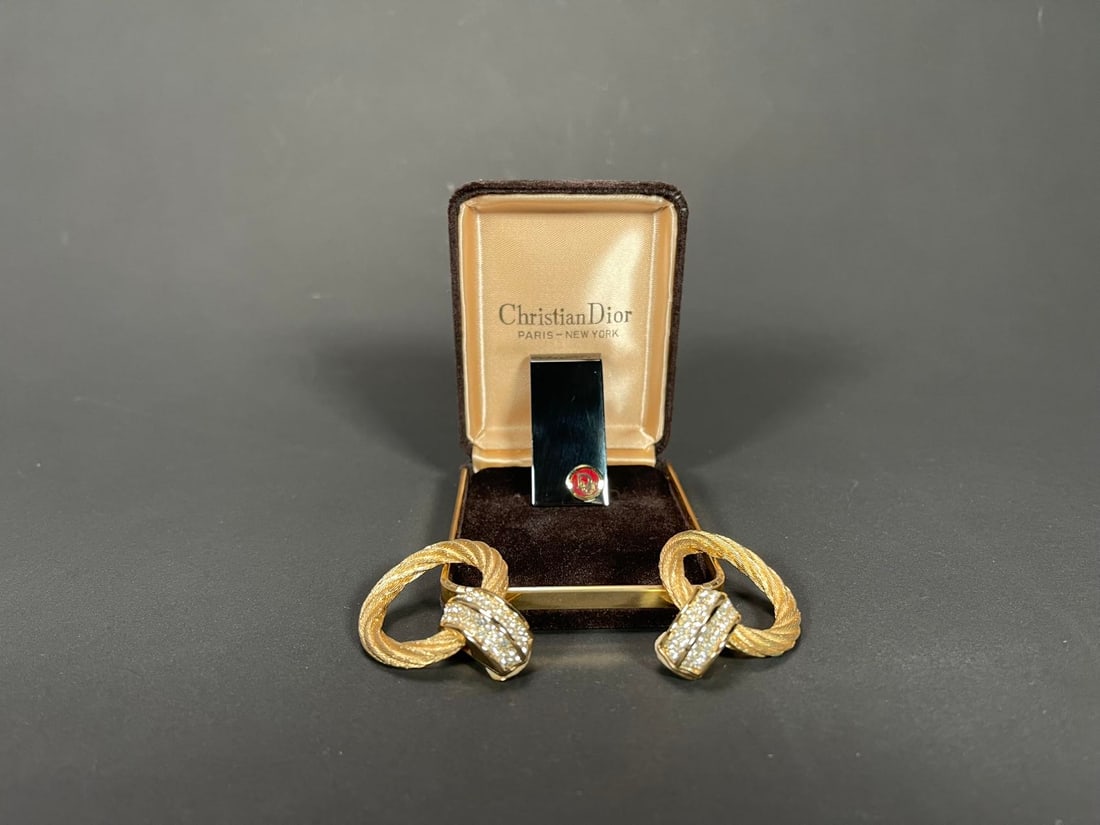 Fine Vintage Marked Christian Dior Earrings & Graphite W/Red Enamel 14K Logo Money Clip: Fine Vintage Marked Christian Dior Earrings & Graphite W/Red Enamel 14K Logo Money Clip. Vintage Christian Dior Paris - New York Signed Metal Graphite W/Red Enamel 14K Logo Money Clip, With Original B