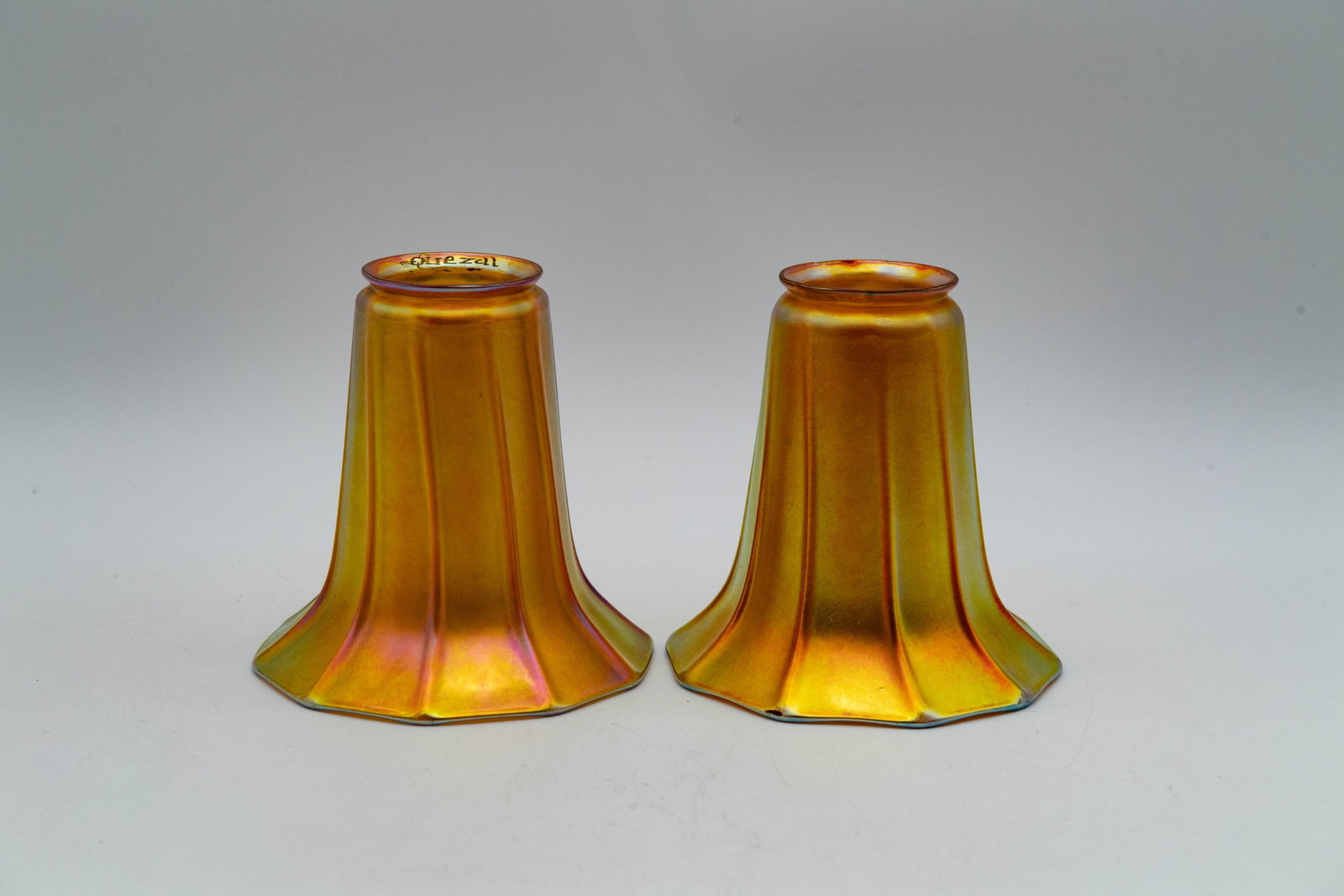 Lot of 2 Vintage Marked "Quezal" Gold Tulip Glass Shades (1 of 7)
