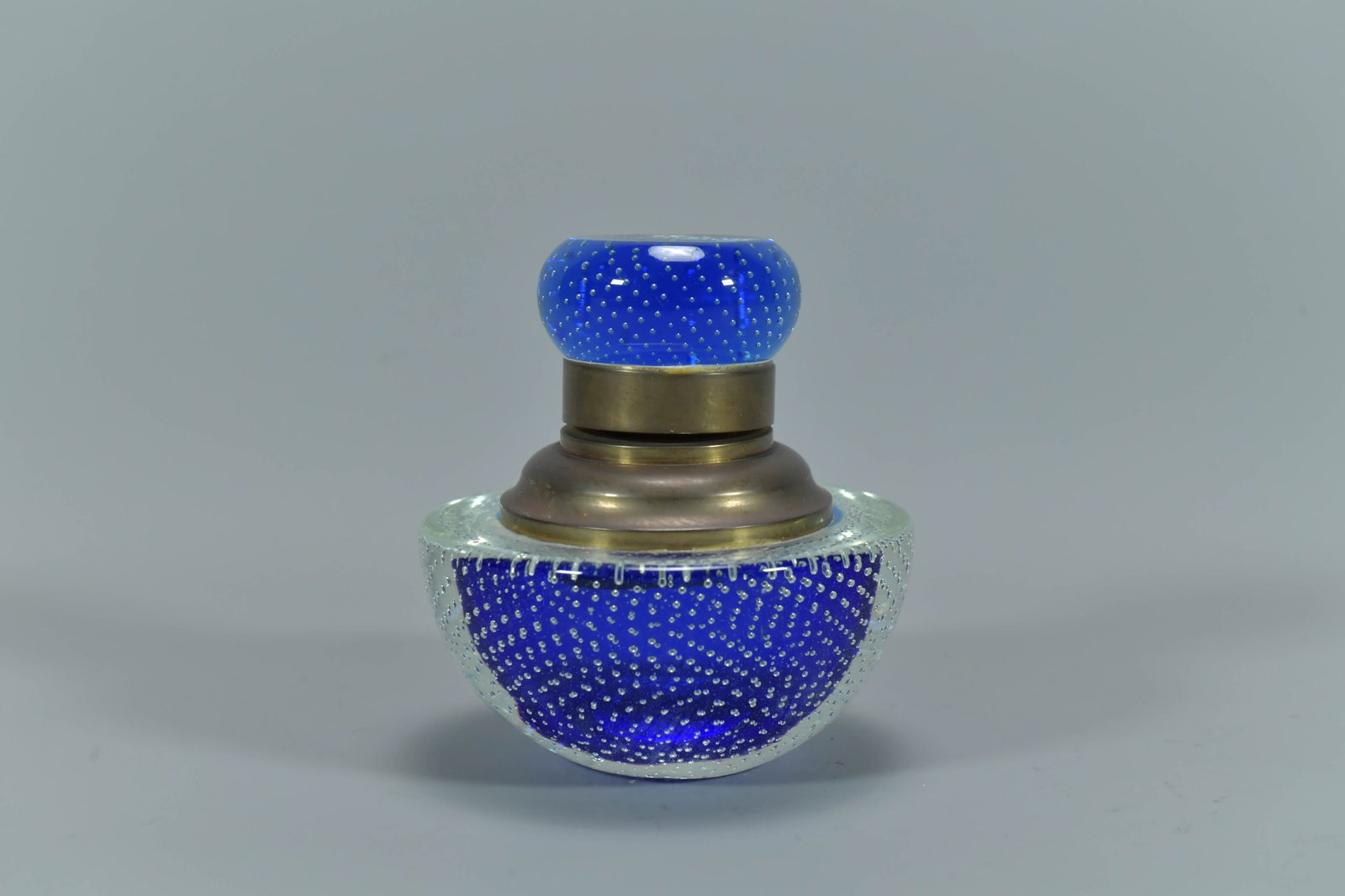 Vintage Hinged Brass & Blue Clear Bubble Glass Inkwell: Vintage Hinged Brass & Blue Clear Bubble Glass Inkwell. 4"1/2H x 4"W; In good condition