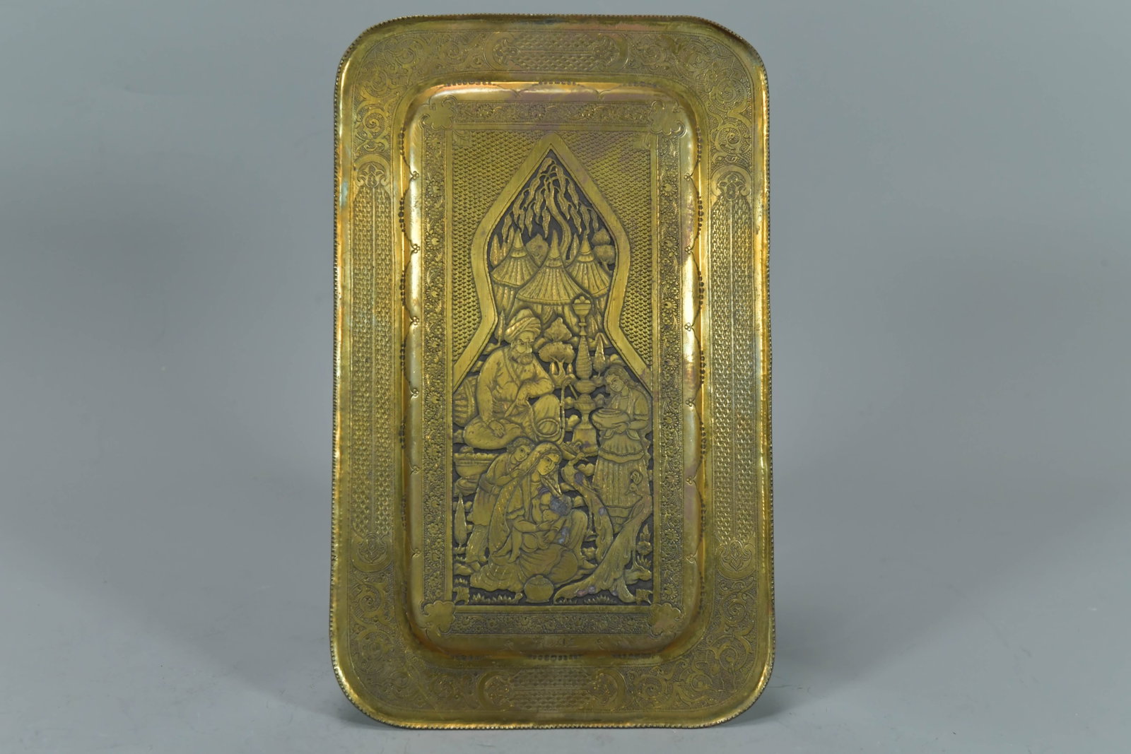 Vintage Signed Rectangular Brass Tray w/Persian Banquet Scene: Vintage Signed Rectangular Brass Tray w/Persian Banquet Scene. 10"L x 6"w; In good vintage condition.