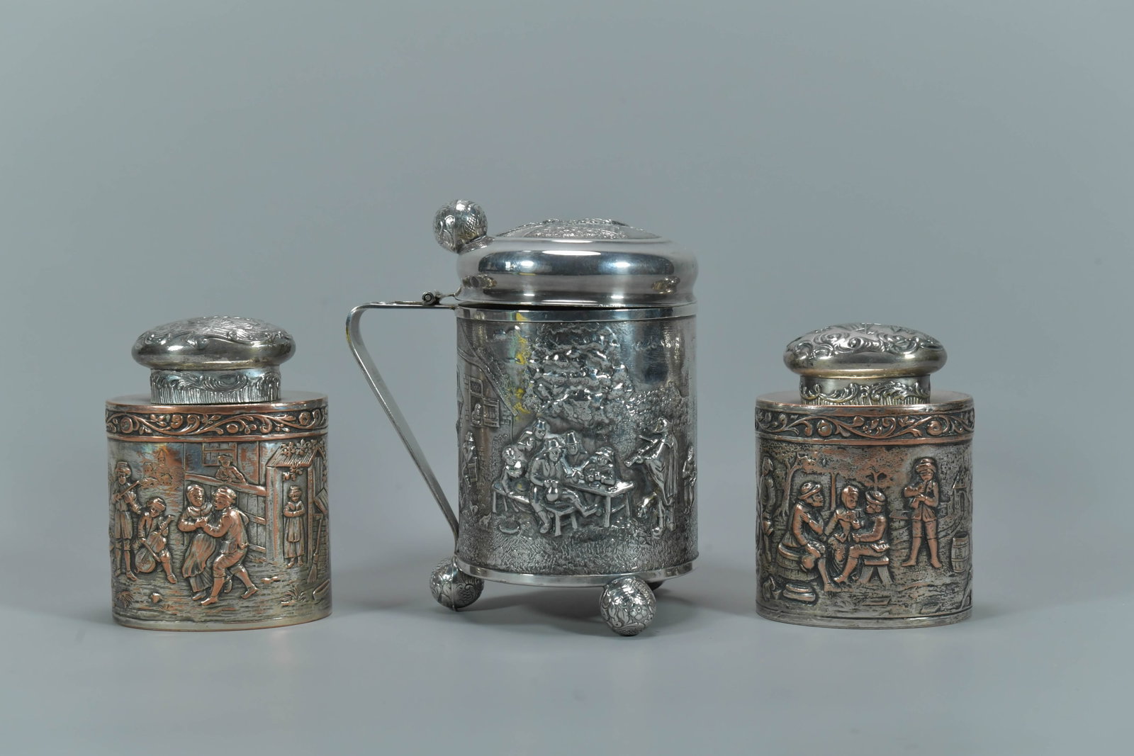 Lot of 3 Vintage Antique Denmark JTS & Webster & Son Silver-Toned Metal Beer Mug & Tea Caddy (1 of 9)