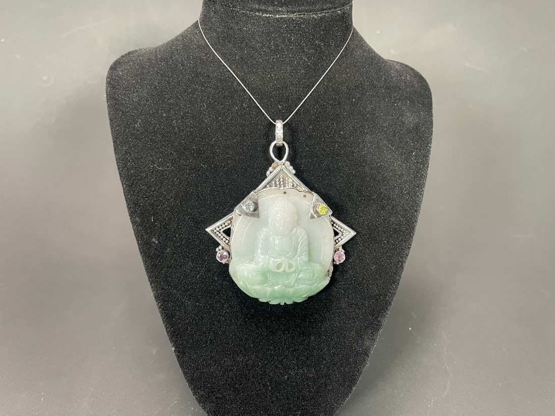 Large Exquisite Silver Handcrafted Jadeite Buddha Pendant Necklace w/Four Gemstones Inlaid: Large Exquisite Silver Handcrafted Jadeite Buddha Pendant Necklace w/Four Gemstones Inlaid. Measures approx. 2"3/4 x 3"; Total weight 51.1g; Overall in good condition. Unmarked. Silver tested positive