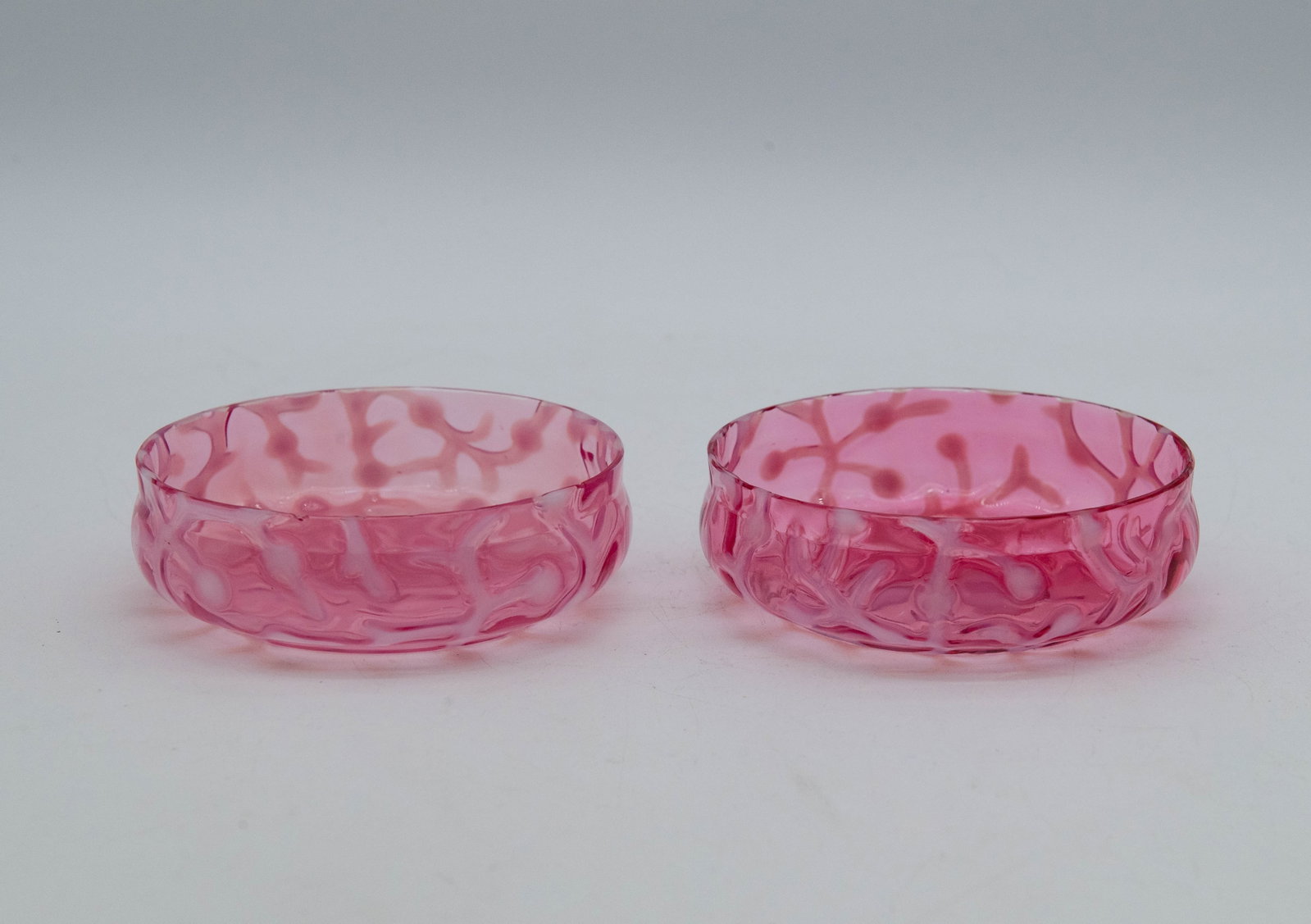Pair of Antique Victorian Pink & Raised White Spatter Art Glass Bowl: Pair of Antique Victorian Pink & Raised White Spatter Art Glass Bowl. 4"1/4W x 1"1/2H. Overall in good antique condition with minor chips at the rim. (Stand Not Included)