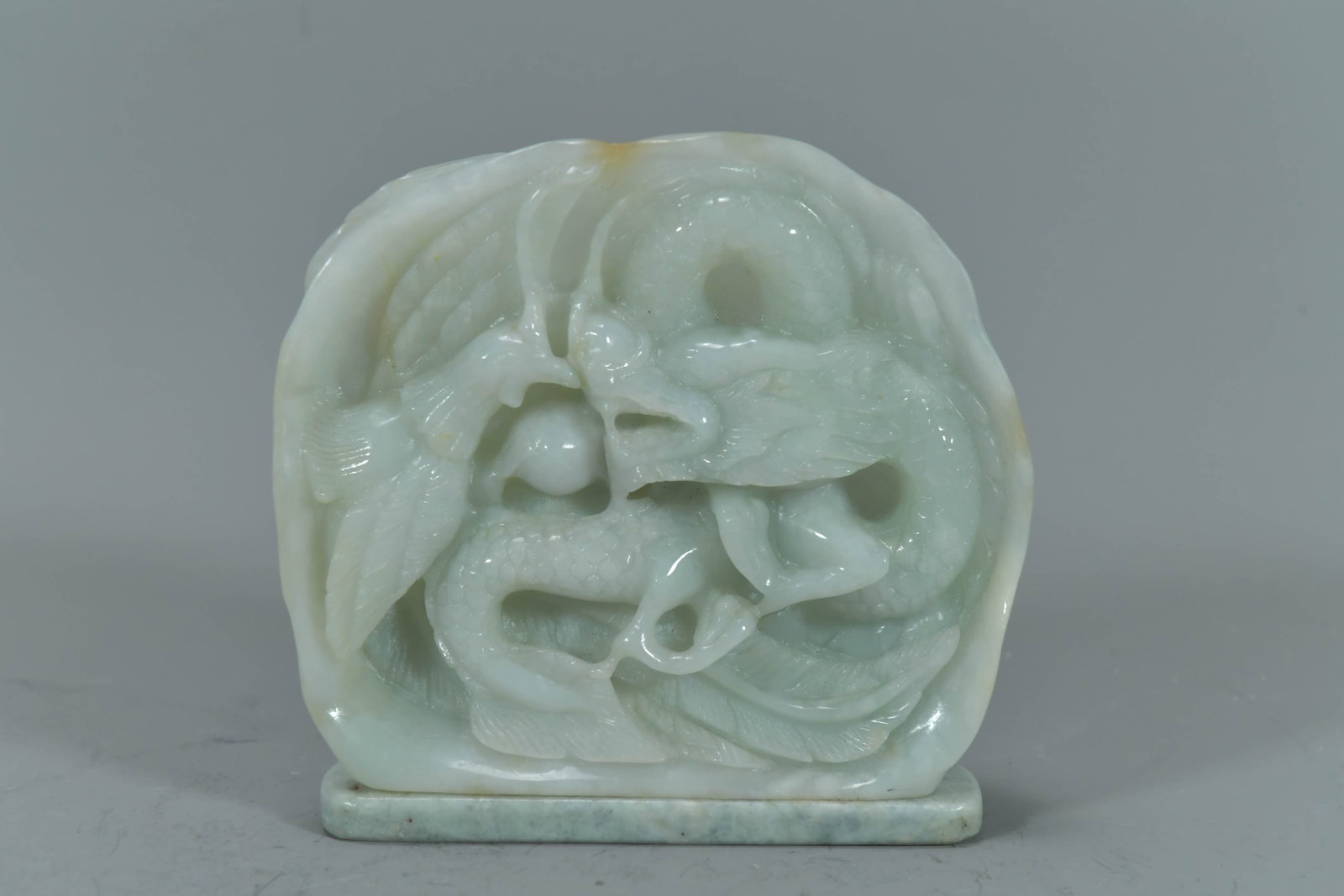 Vintage Chinese Light Green Jade Stone Carved Dragon & Phoenix Sculpture: Vintage Chinese Light Green Jade Stone Carved Dragon & Phoenix Sculpture. 6"L x 6"H x 1"1/2D; In good condition. (Stand Not Included)