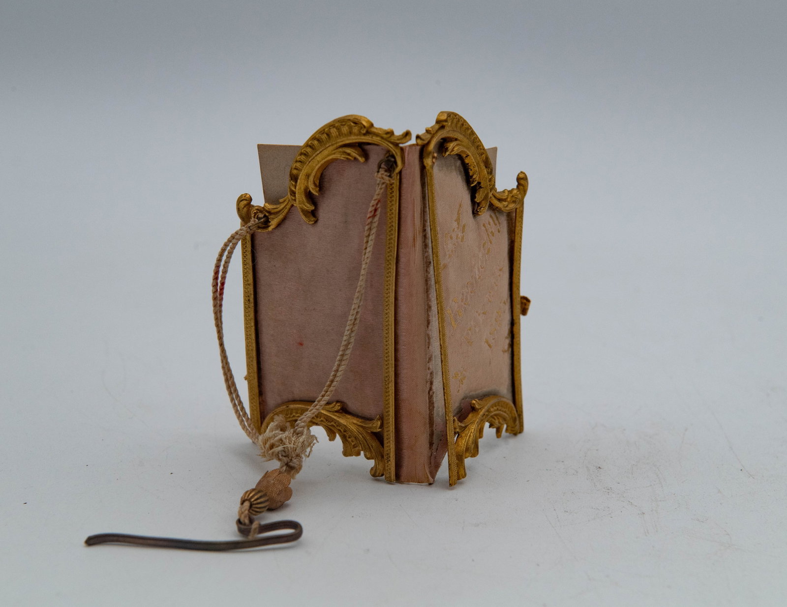 Ornate Antique Gilded Metal & Pink Silk Cardstock Dance Card Notebook or Carnet de Bal, 1895 (1 of 7)
