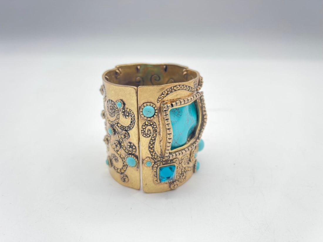 Vintage Chico's Gold-Tone Metal Wide Cuff Bangle w/Turquoise & Heavy Rhinestone: Vintage Chico's Gold-Tone Metal Wide Cuff Bangle/Bracelet w/Turquoise & Heavy Rhinestone. The wide bangle is presented in three separate pieces. All pieces appear to be in good overall condition. Comp