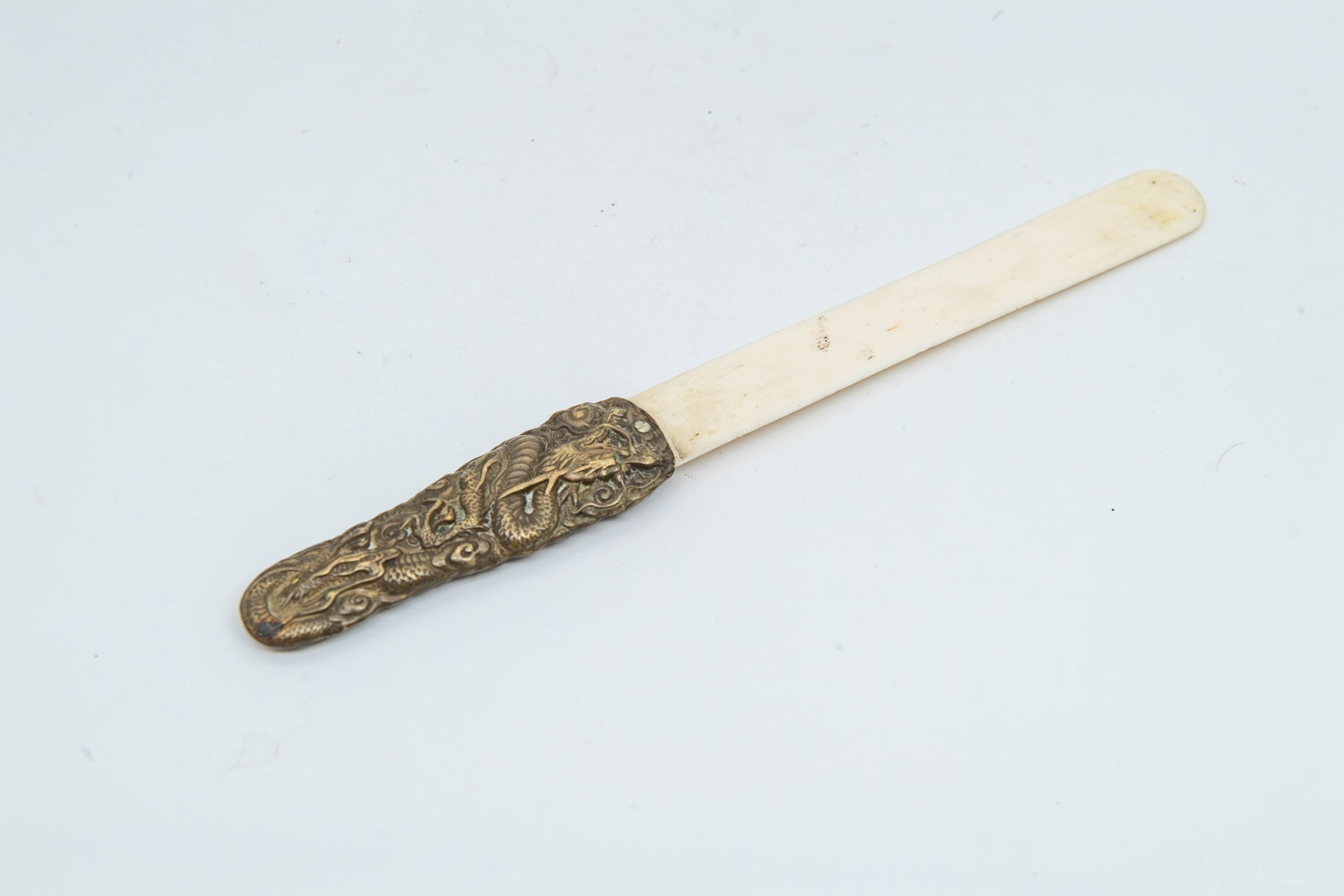Antique Japanese Bone Carved Letter Opener w/Dragon Brass Handle: Antique Japanese Bone Carved Letter Opener w/Dragon Brass Handle. Length 8"1/4, Wide 1"; Overall in good antique condition, with age-related patina consistent with age.