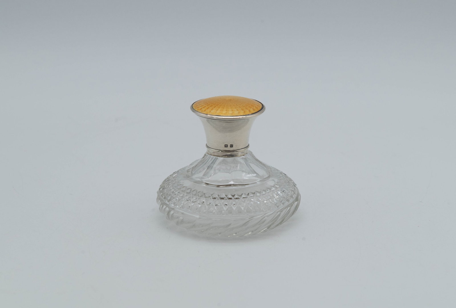 Marked Vintage Vanity Perfume Bottle w/Bright Yellow Guilloche Enamel Lid & Silver Casings: Marked Vintage Vanity Perfume Bottle w/Bright Yellow Guilloche Enamel Lid & Silver Casings. Measures 2"3/4 x 3"1/2; Overall in good vintage condition