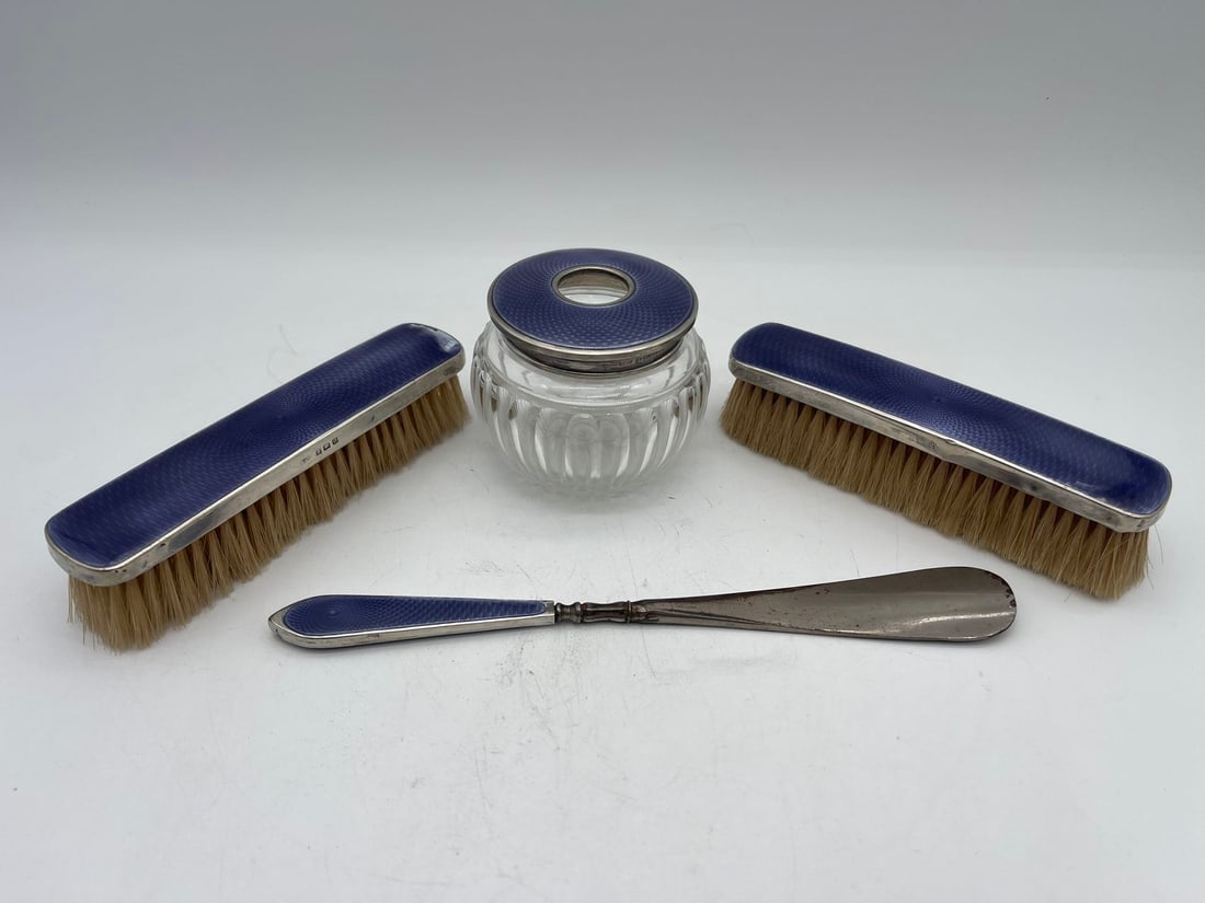 Lot of 4 Marked Vintage H.C.D. Vanity Set w/Pale Purple Guilloche Enamel Tops & Sterling Silver: Lot of 4 Marked Vintage H.C.D. Vanity Set w/Pale Purple Guilloche Enamel Tops & Sterling Silver Casings. 1)Two brushes 6"1/2 x 1"1/2, The enamel has minor chips along the edges, two brushes remain in 