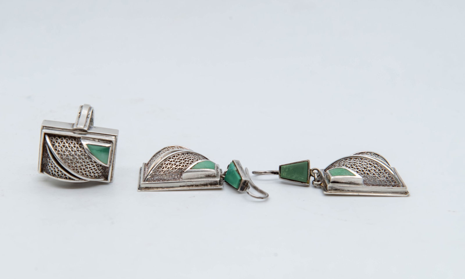 Vintage Russian Brand Marked 925 Sterling Silver Hooks Earrings & Ring w/Gemstone Inlaid: Vintage Russian Brand Marked 925 Sterling Silver Hooks Earrings & Ring w/Gemstone Inlaid. 1)Earrings measures 2"L; 2)Ring US size 7; Total weight 26.8g. Overall in good condition