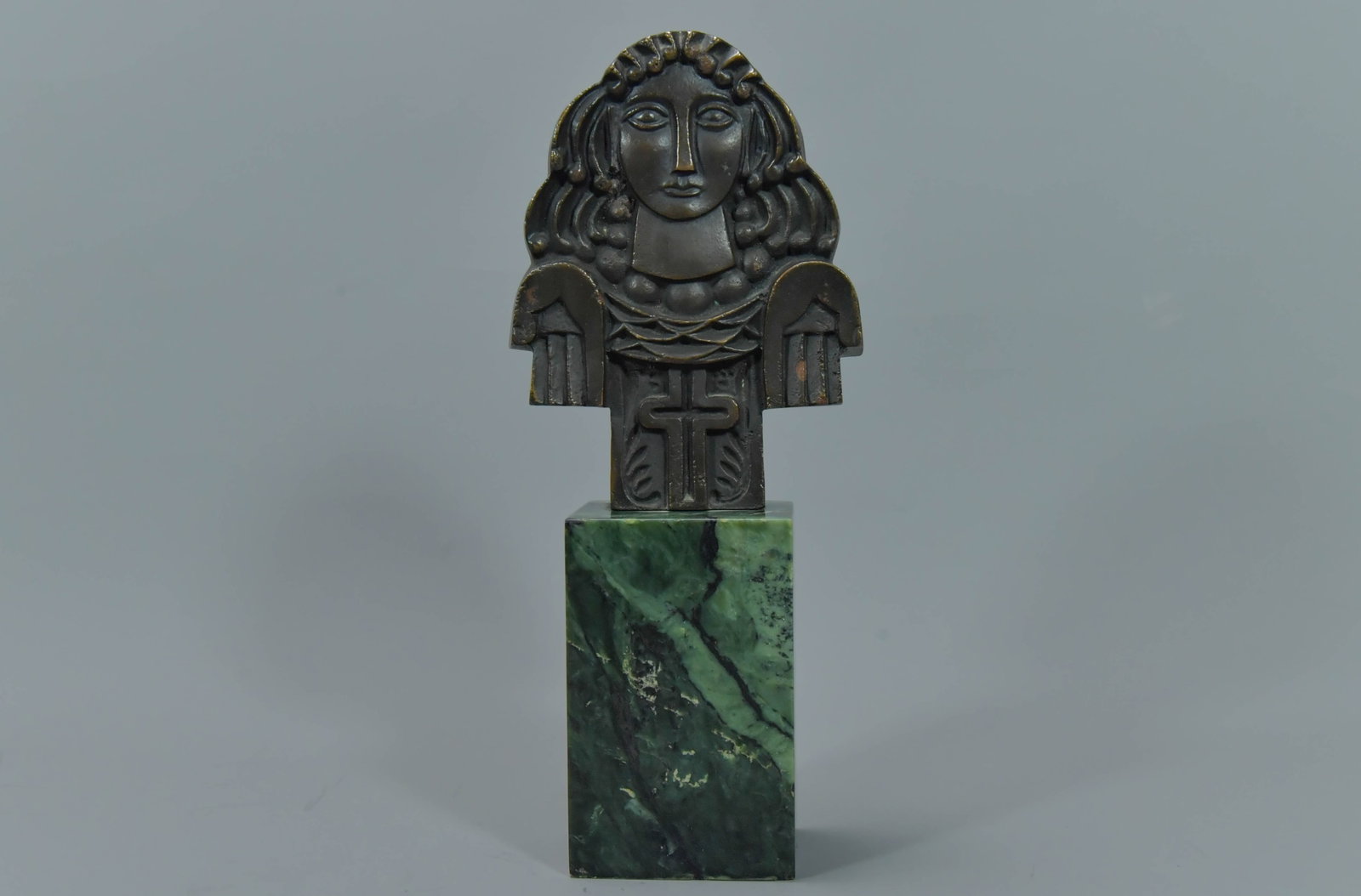 Vintage Angel or Religious Bronze Figure Sculpture Mounted on Green Marble Base, Artist Signed (1 of 8)