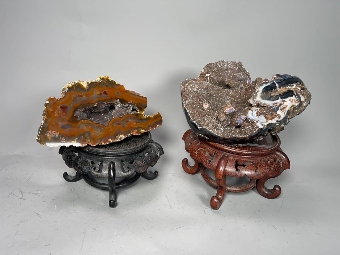 Two Beautiful Polished Natural Crystal Rocks w/Wooden Stands: Two Beautiful Polished Natural Crystal Rocks w/Wooden Stands. Measures approx. 8"W x 4"H x 3"1/2D and 6"3/4W x 8"L x 4"1/2H