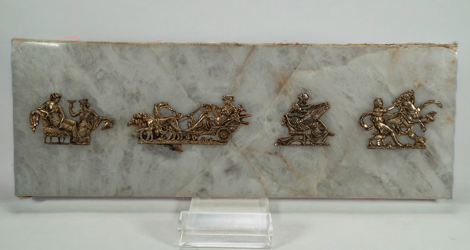Vintage Ancient Roman Empire Scene Wall Art w/Brass or Gold-Toned Metal Figures Inlaid on Marble: Vintage Ancient Roman Empire Scene Wall Art w/Brass or Gold-Toned Metal Figures Inlaid on Marble.. 24" x 8"1/2. Overall in good condition, (Stand Not Included)