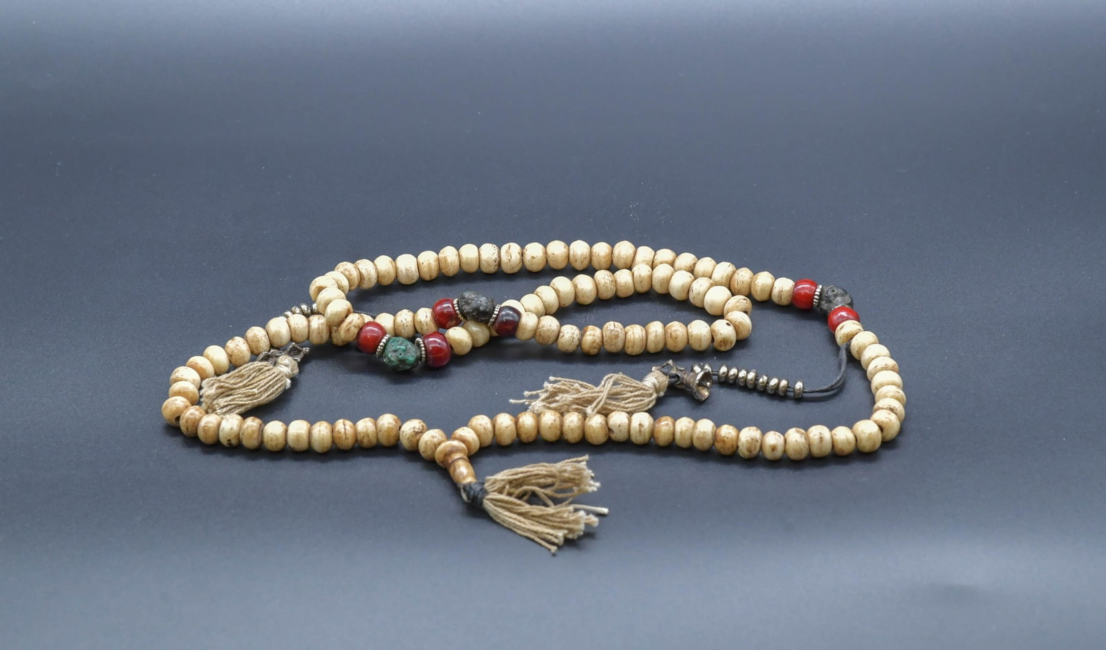 Old Tibetan Yak Bone Buddhist Prayer Beads w/Red & Green Accent Beads (1 of 7)