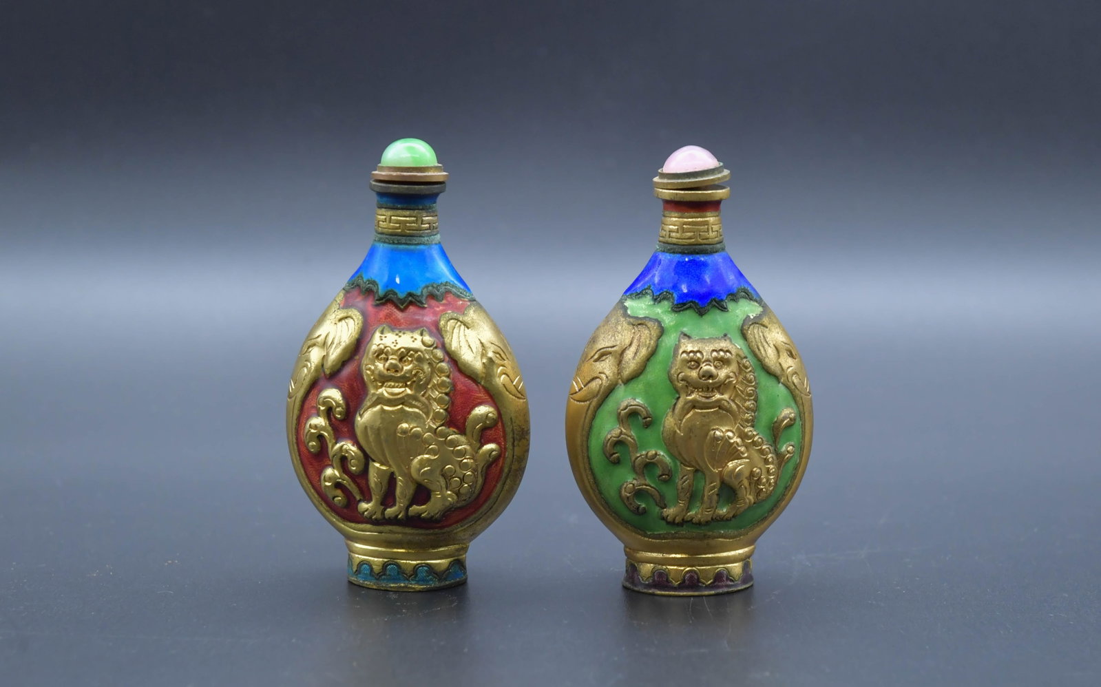 Two Vintage Chinese Brass & Enamel Snuff Bottles w/Stopper (1 of 7)