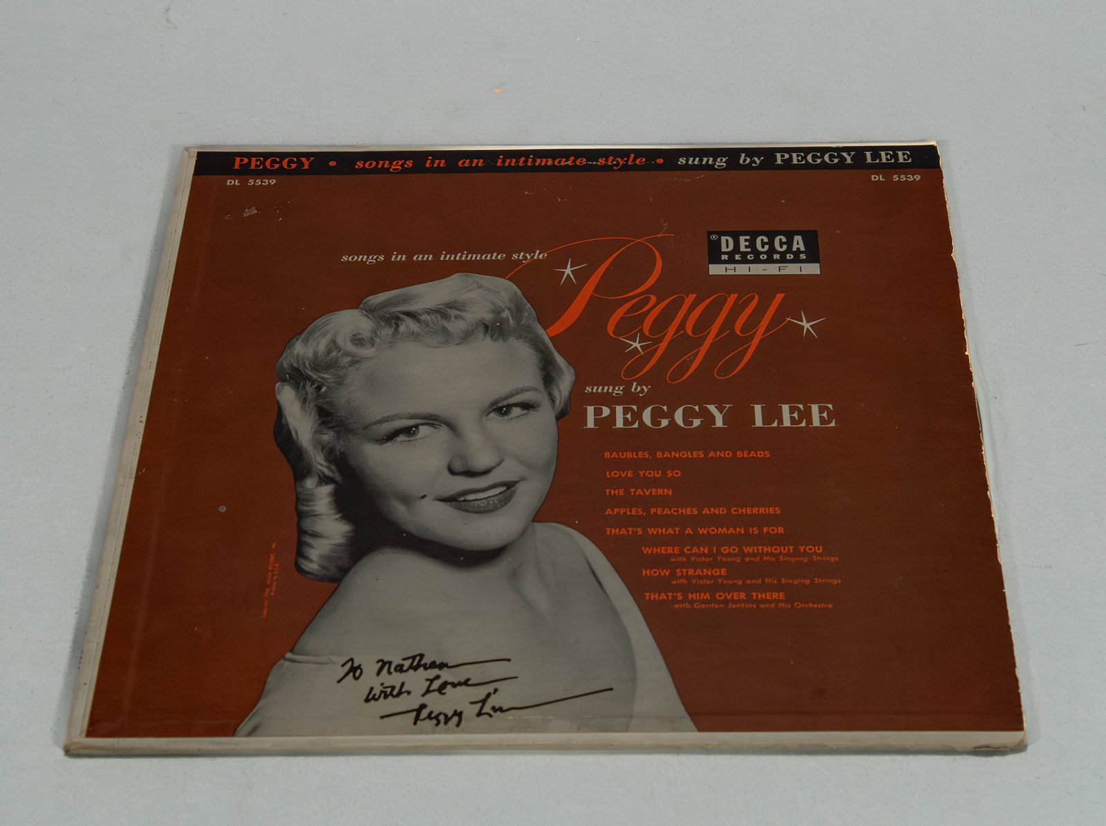 Signed Vintage 10" Vinyl Album "Songs In An Intimate Style" by Peggy Lee, Released on 1954 Decca: Signed Vintage 10" Vinyl Album "Songs In An Intimate Style" by Peggy Lee, Released on 1954 Decca Records