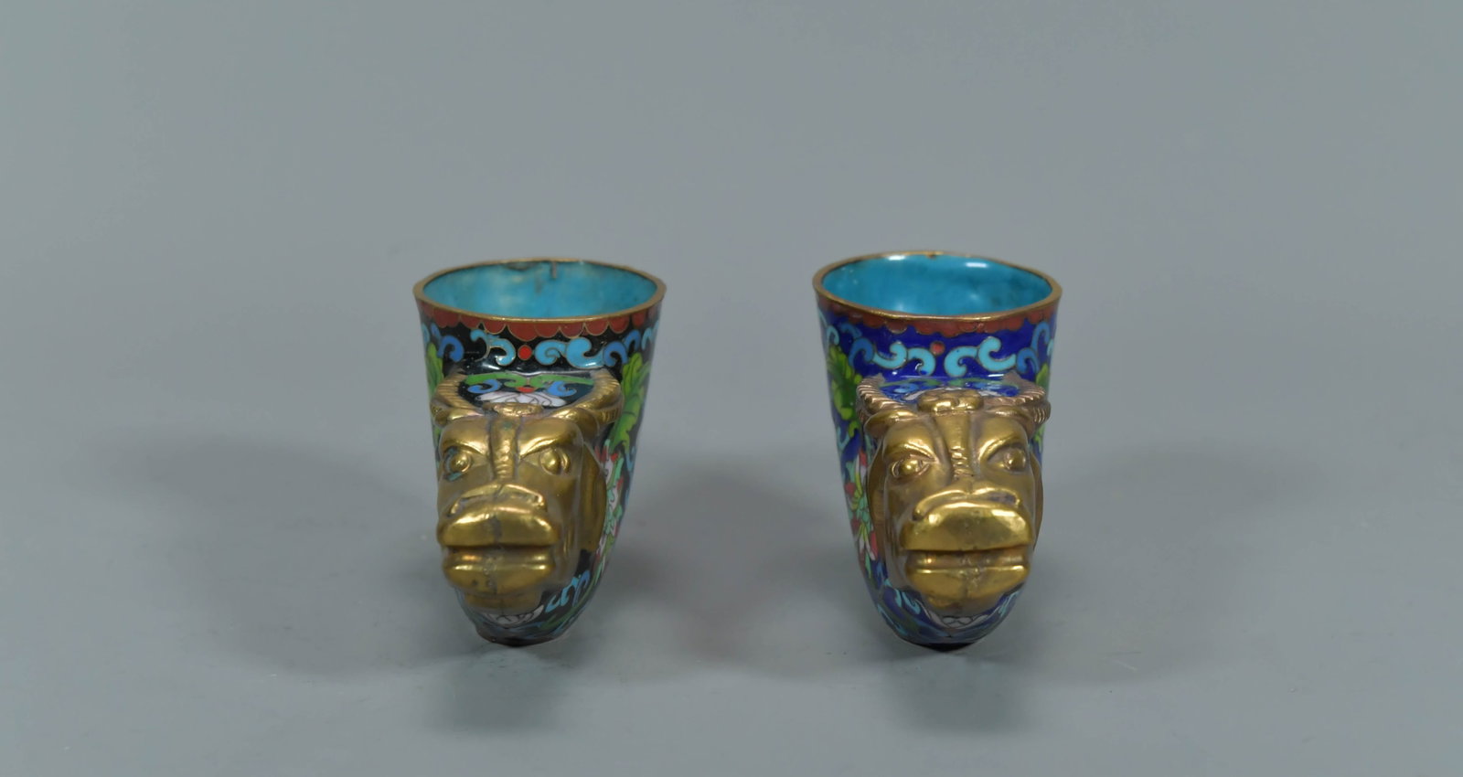 Pair of Vintage Chinese Copper Ox Head Deco Cloisonne Libation Cups: Pair of Vintage Chinese Copper Ox Head Deco Cloisonne Libation Cups. Measures approx. 4"1/2L x 2"W x 2"1/4H; In good condition.