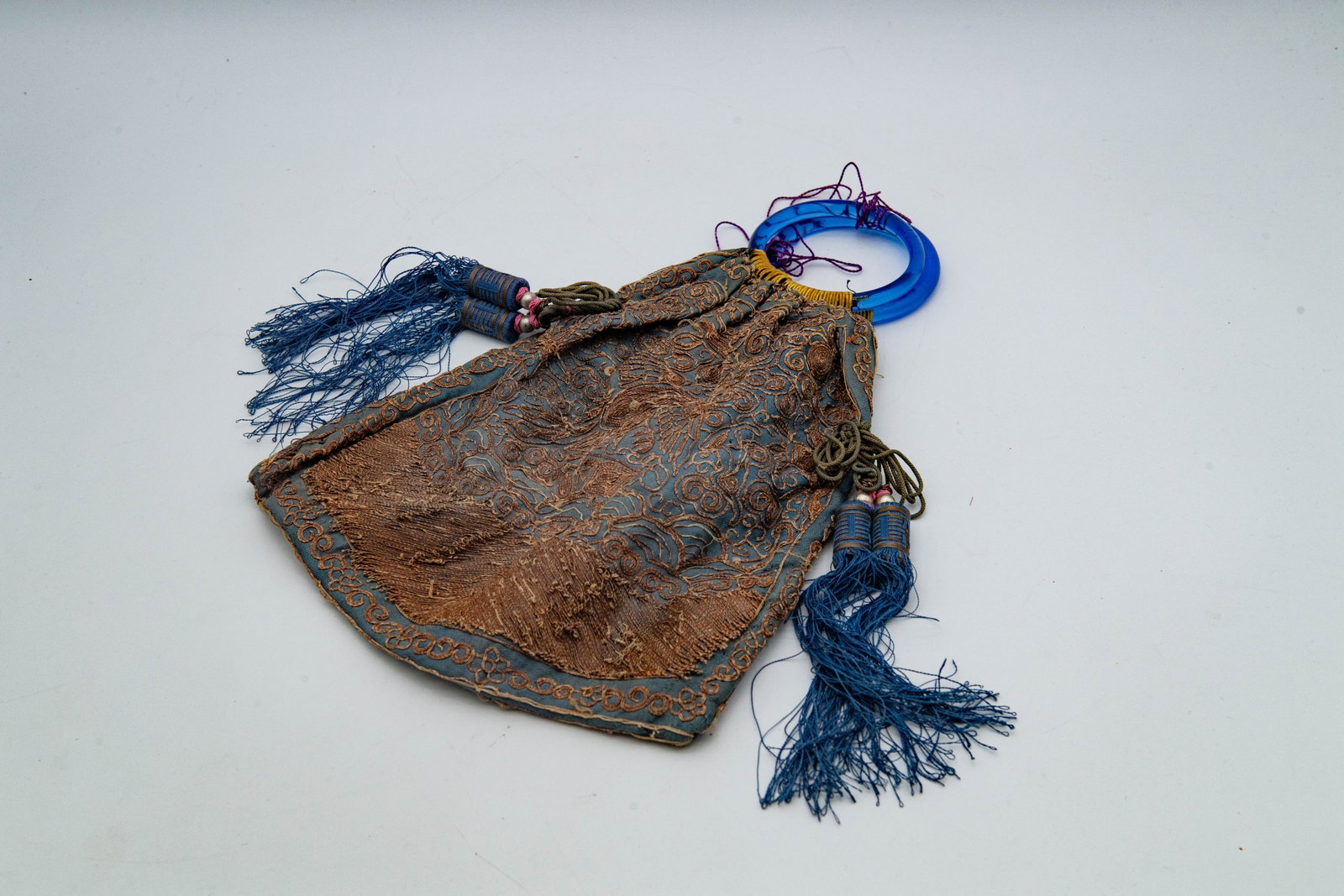 Antique Chinese Embroidered Purse w/Blue Peking Glass Handles & Tasseled Accents (1 of 7)