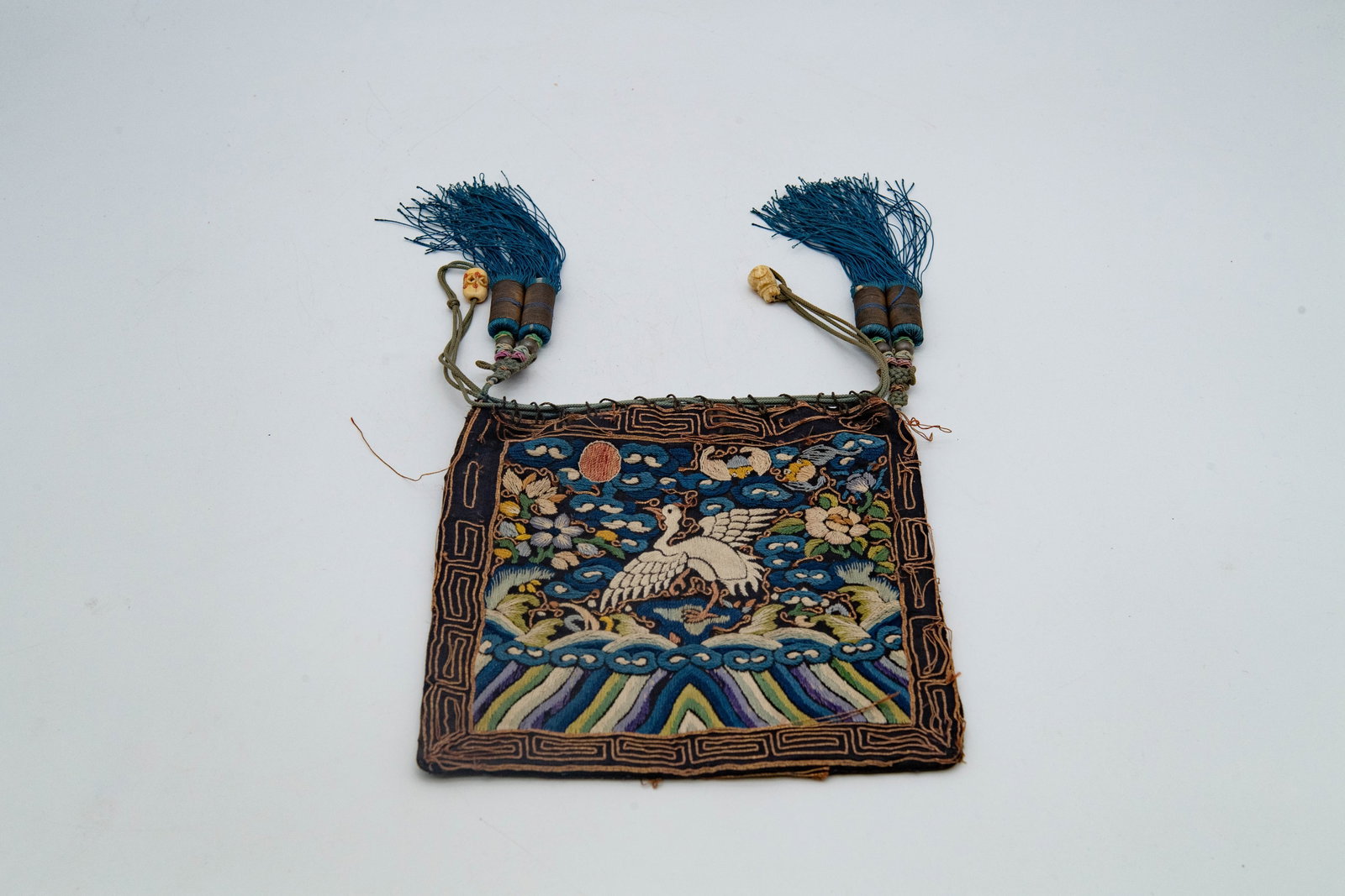 Rare Antique Chinese Rank Badge Embroidered Pures w/Tasseled Accents: Rare Antique Chinese Rank Badge Embroidered Pures w/Tasseled Accents. Measures 7"1/2 x 7". Overall in good antique condition with minor wear, consistent with age.