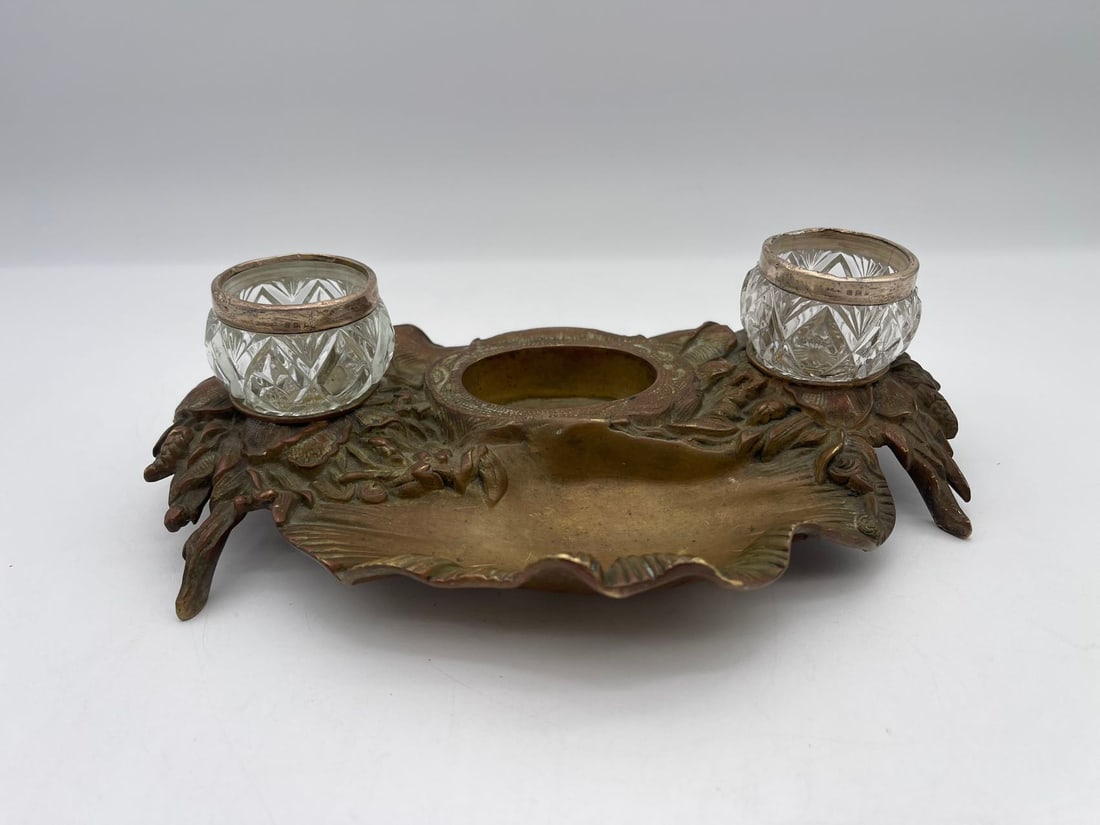Antique French Ornate Brass Double Inkwell Stand & "HP&S" Cut Crystal Jars (1 of 6)