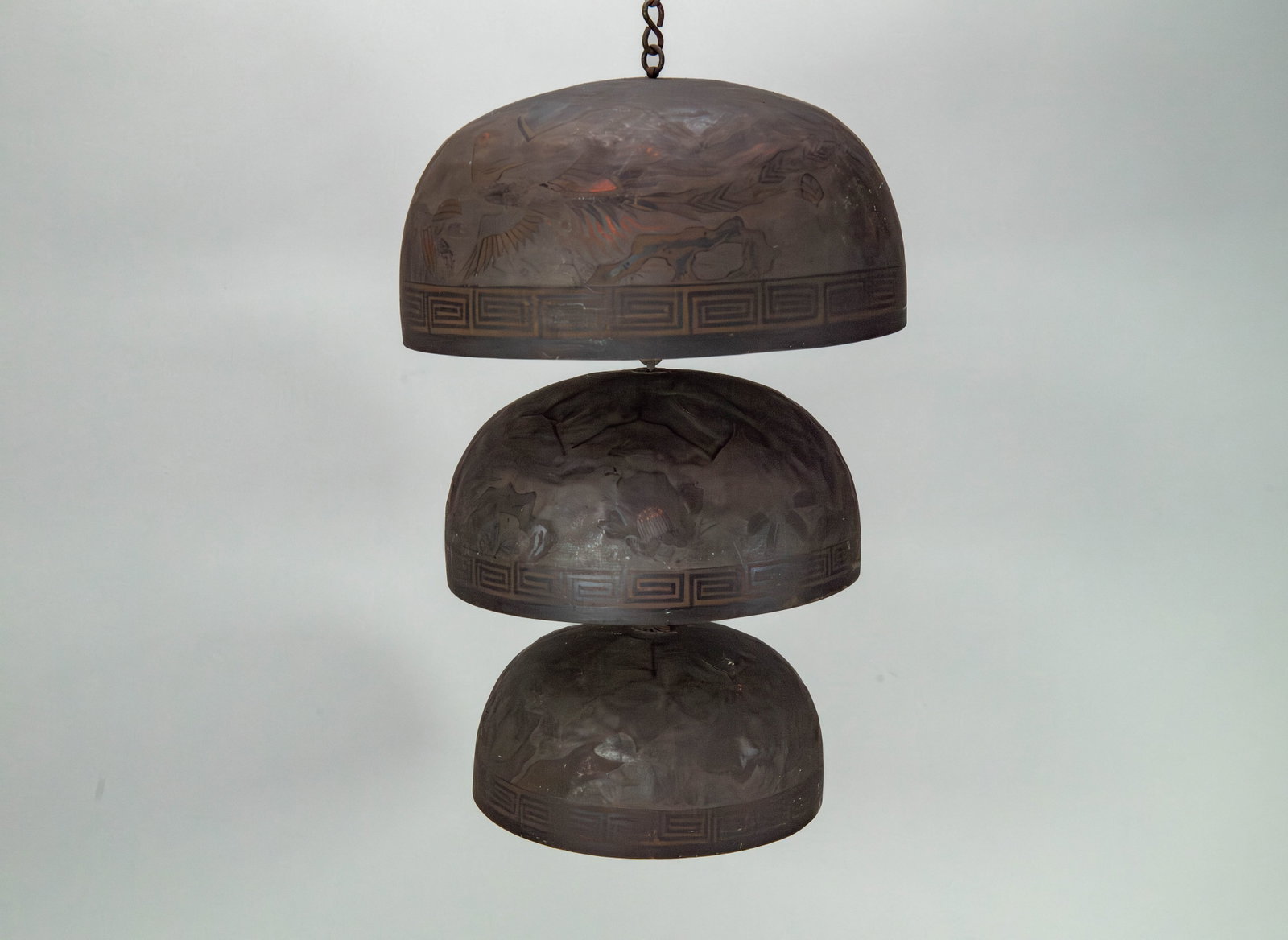 Set of 3 Antique Japanese Bronze Nesting Bells: Set of 3 Antique Japanese Bronze Nesting Bells. Set of 3 bells size 7"1/4, 8"1/2, and 9"3/4. The set of bells decorated with different Japanese motifs on each bell. The bronze surfaces exhibit age-rel
