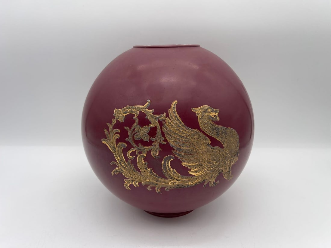 Vintage Chinese/Japanese Etched Cranberry Ball Shade w/Gold Painted Dragon (1 of 8)