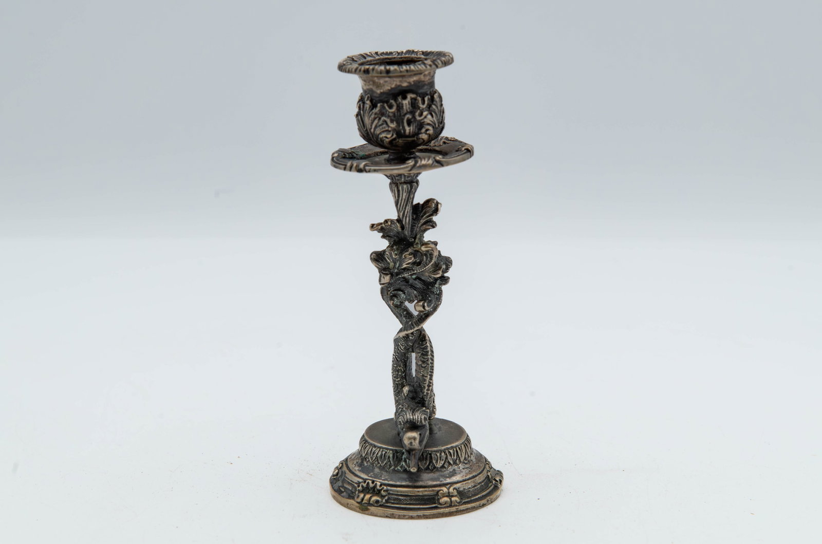 Vintage Marked 800 Rococo-Style Silver Candlestick w/Figural Sea Serpent Base (1 of 7)