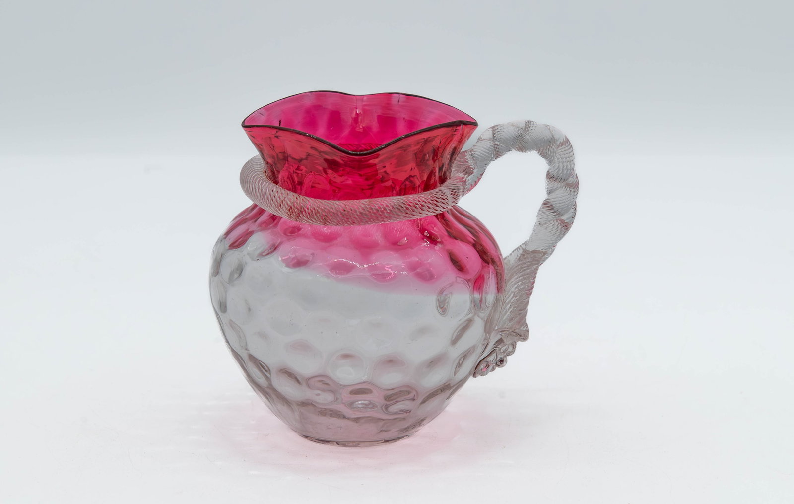 A Vintage Cranberry/Ruby Glass Pitcher w/Thumbprint & Rope Handle (1 of 5)